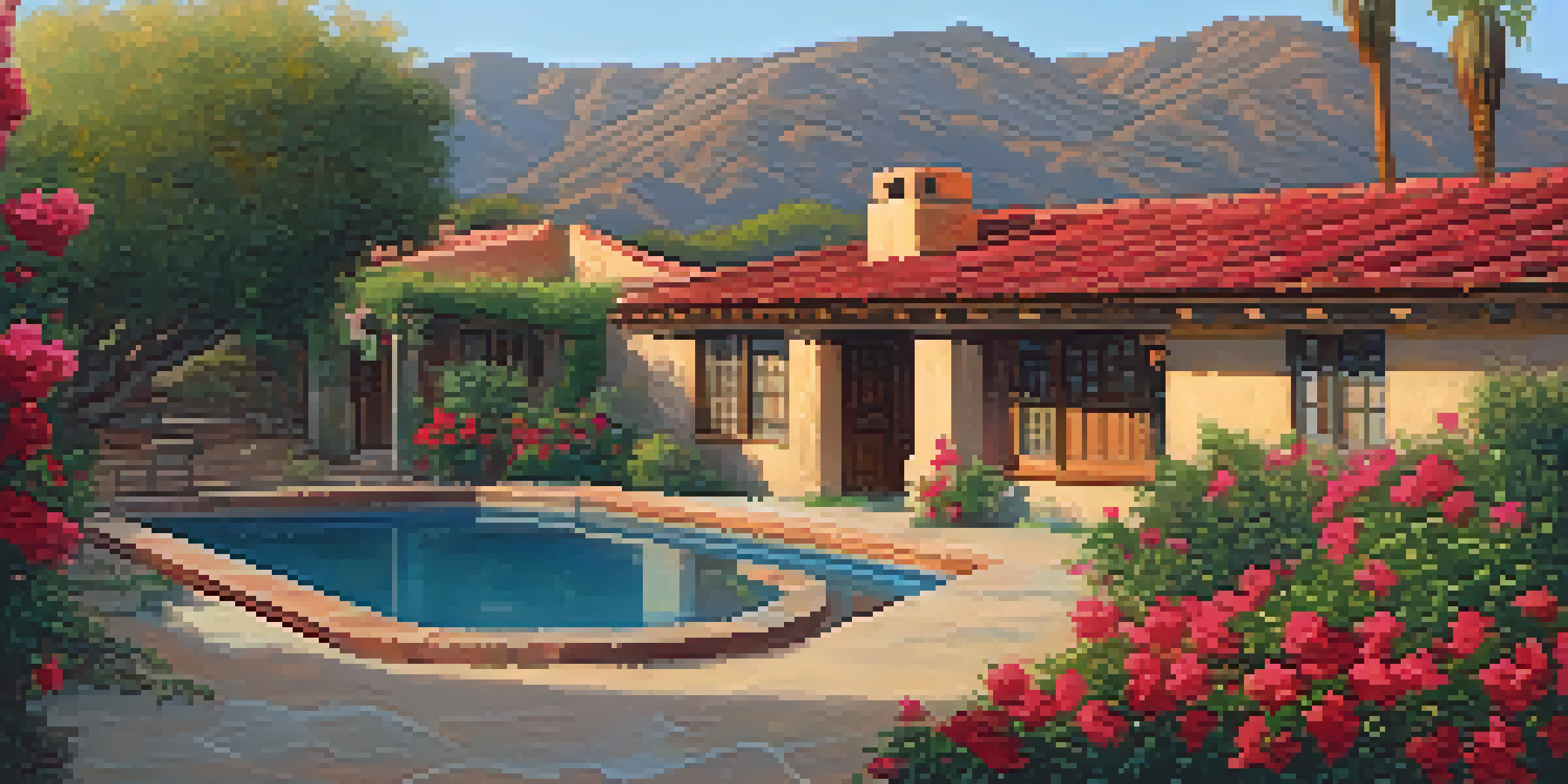 A sunset view of a Malibu adobe house featuring red-tiled roofs and colorful bougainvillea, with a small courtyard and fountain.