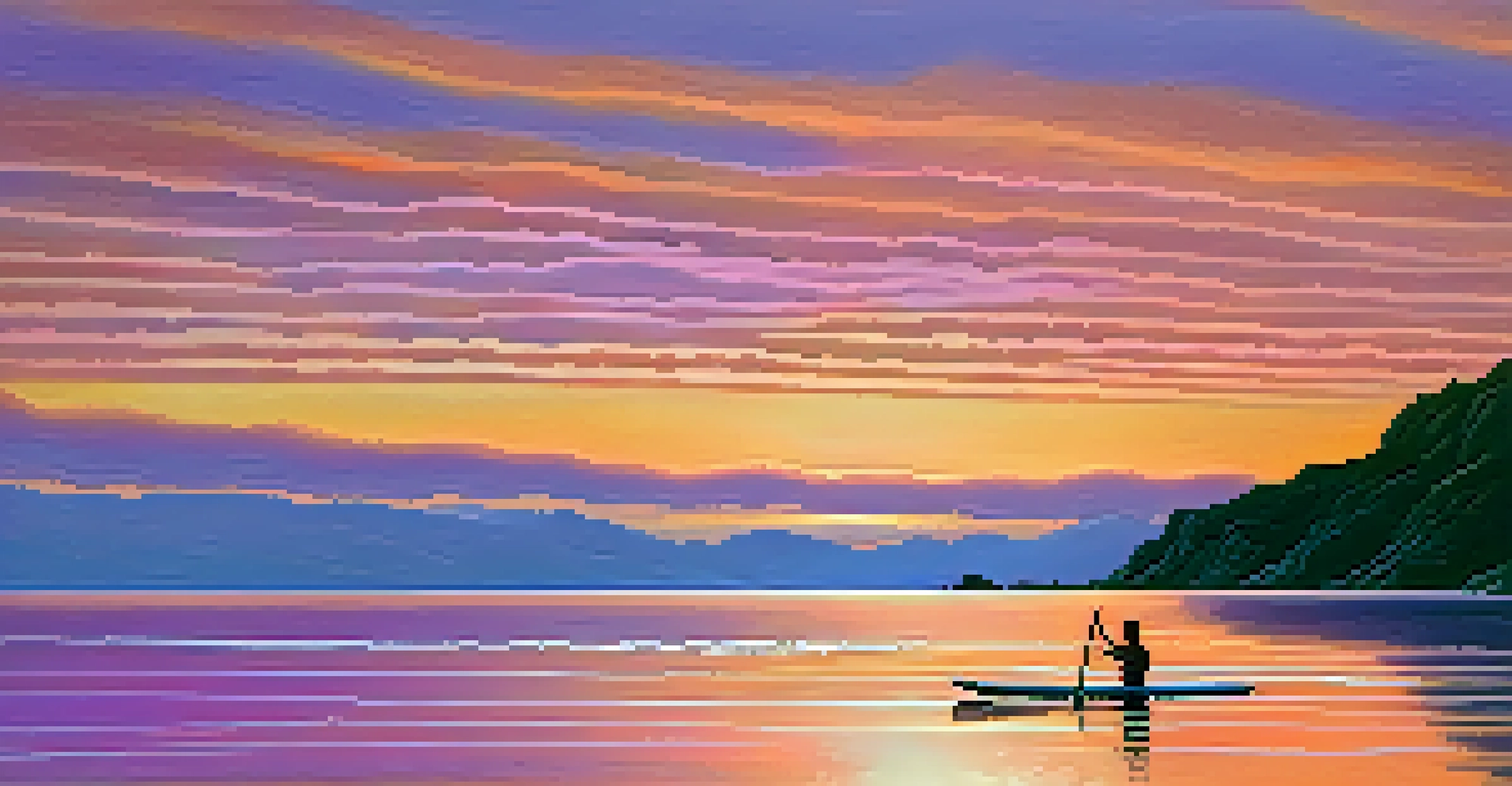 A person paddleboarding at sunset in Malibu, with colorful skies and calm waters reflecting the coastal cliffs.