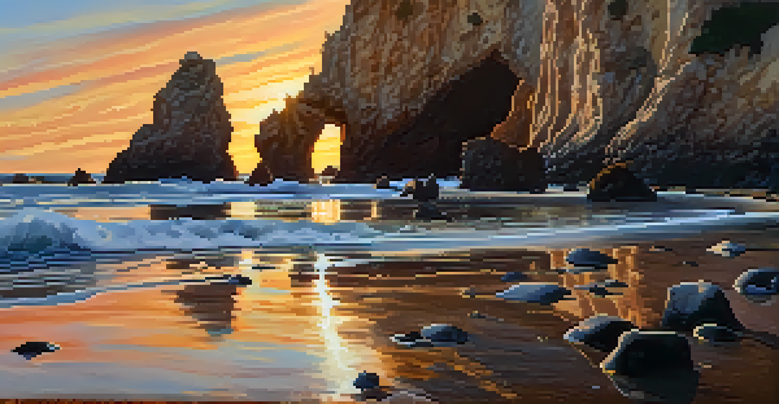 Dramatic sunset at El Matador Beach with rock formations and tide pools.