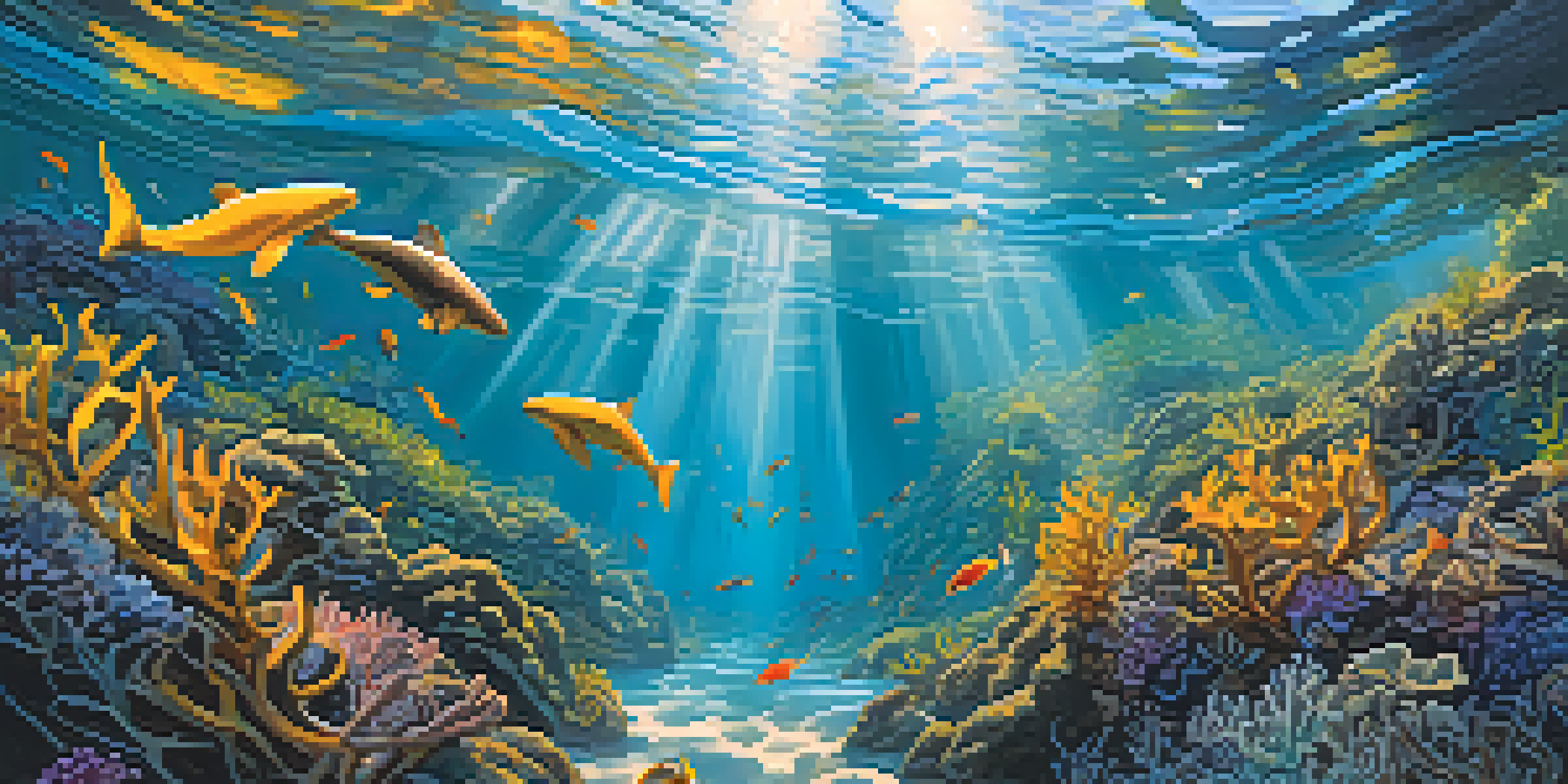 An underwater view of a kelp forest in Malibu, filled with colorful sea stars and sea otters, with sunlight filtering through the water.