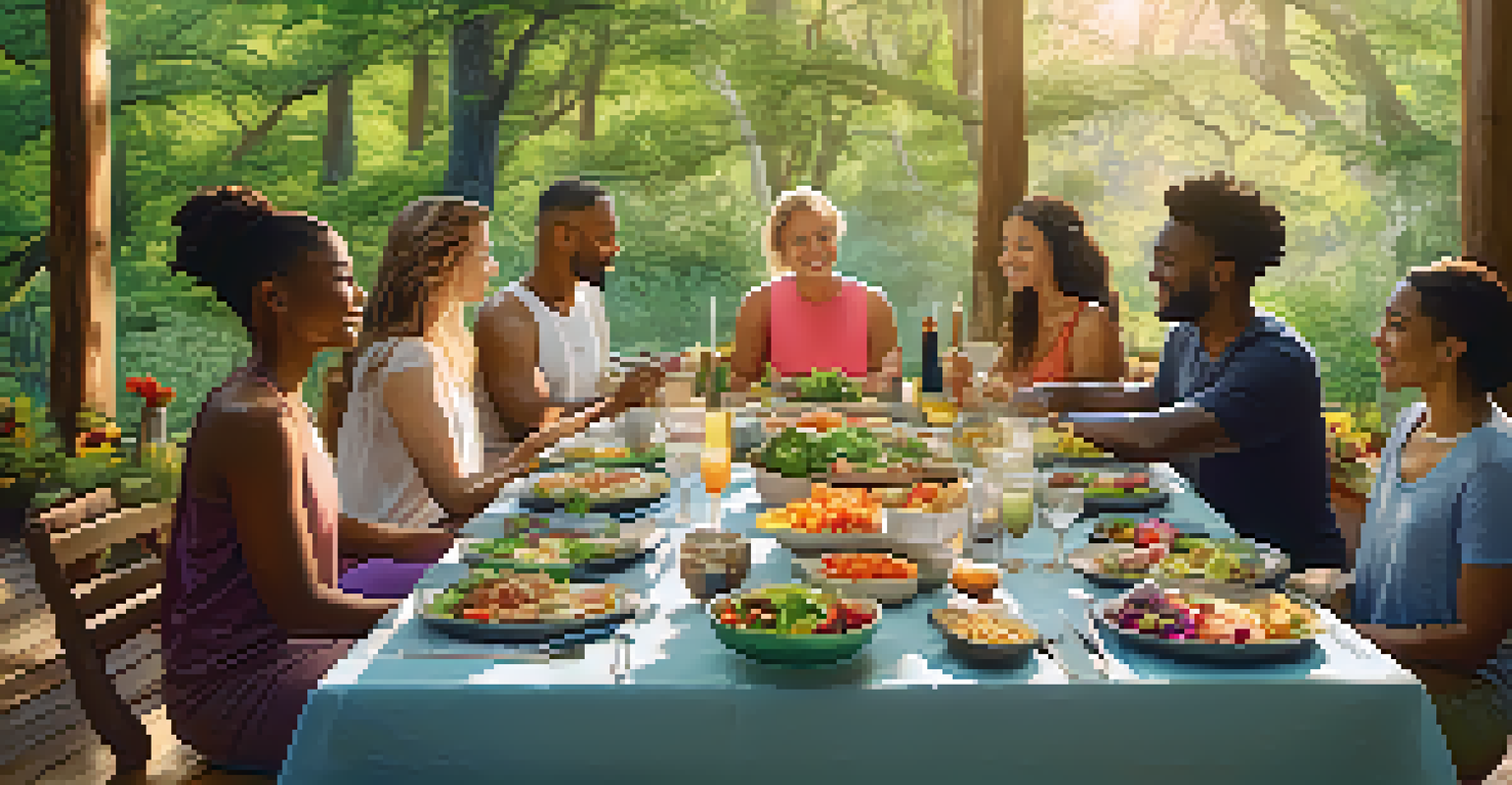 A diverse group of people enjoying a healthy meal outdoors at a yoga retreat.