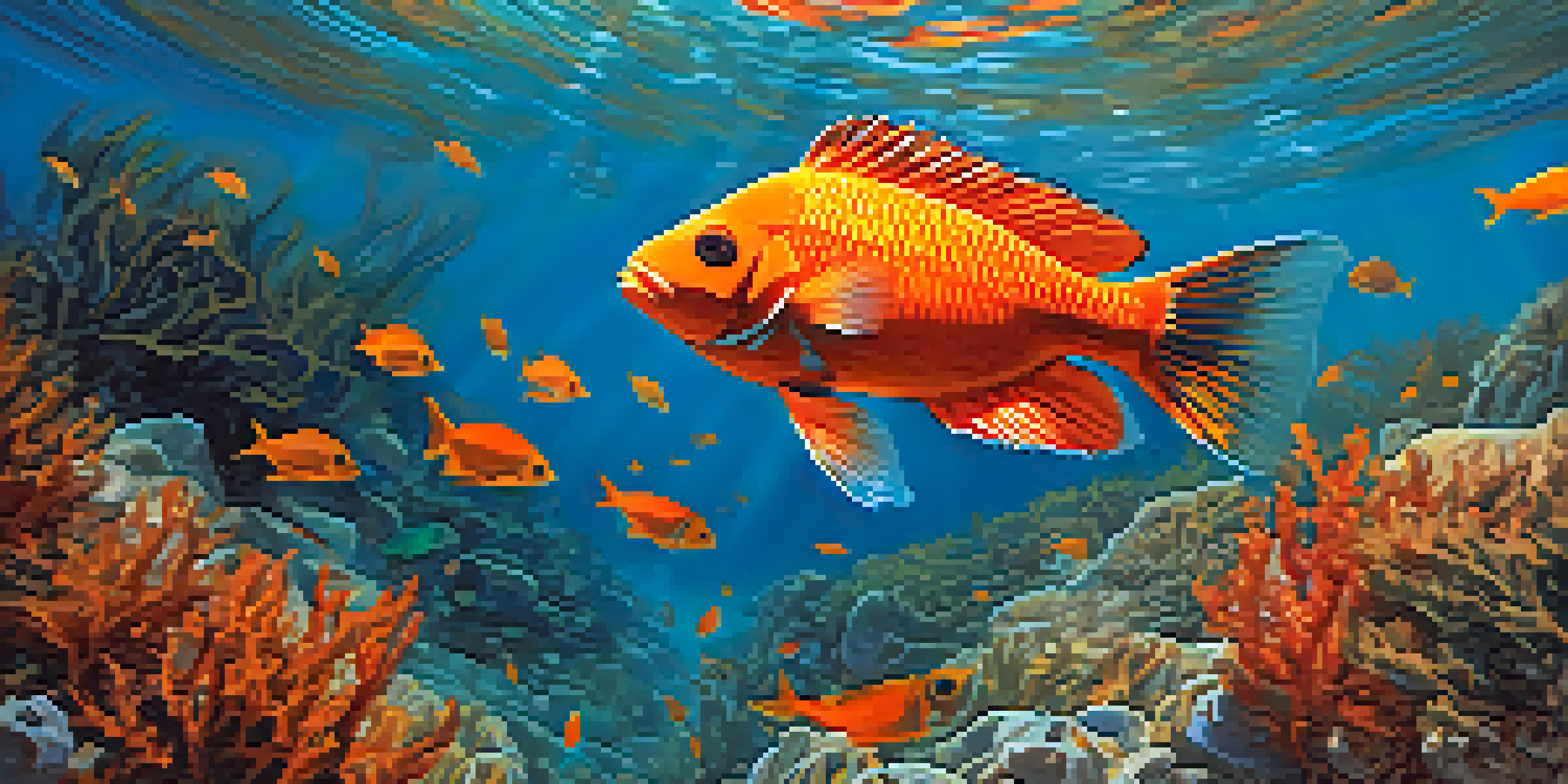 A brightly colored Garibaldi fish swimming in clear blue water, surrounded by rocks and seaweed, with sunlight filtering down from above.