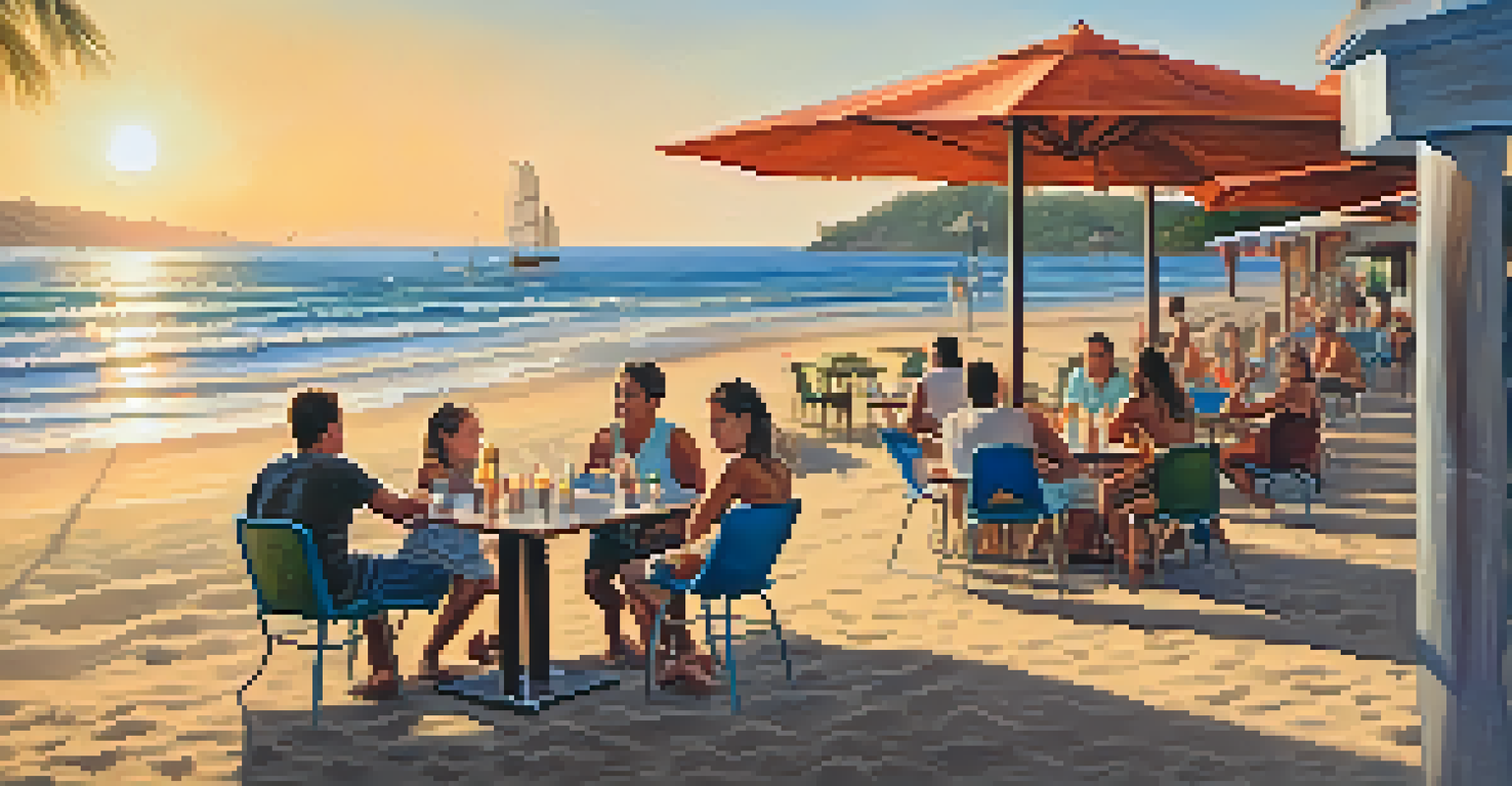 A laid-back beach cafe scene at sunset, with diners enjoying drinks and children playing in the sand.