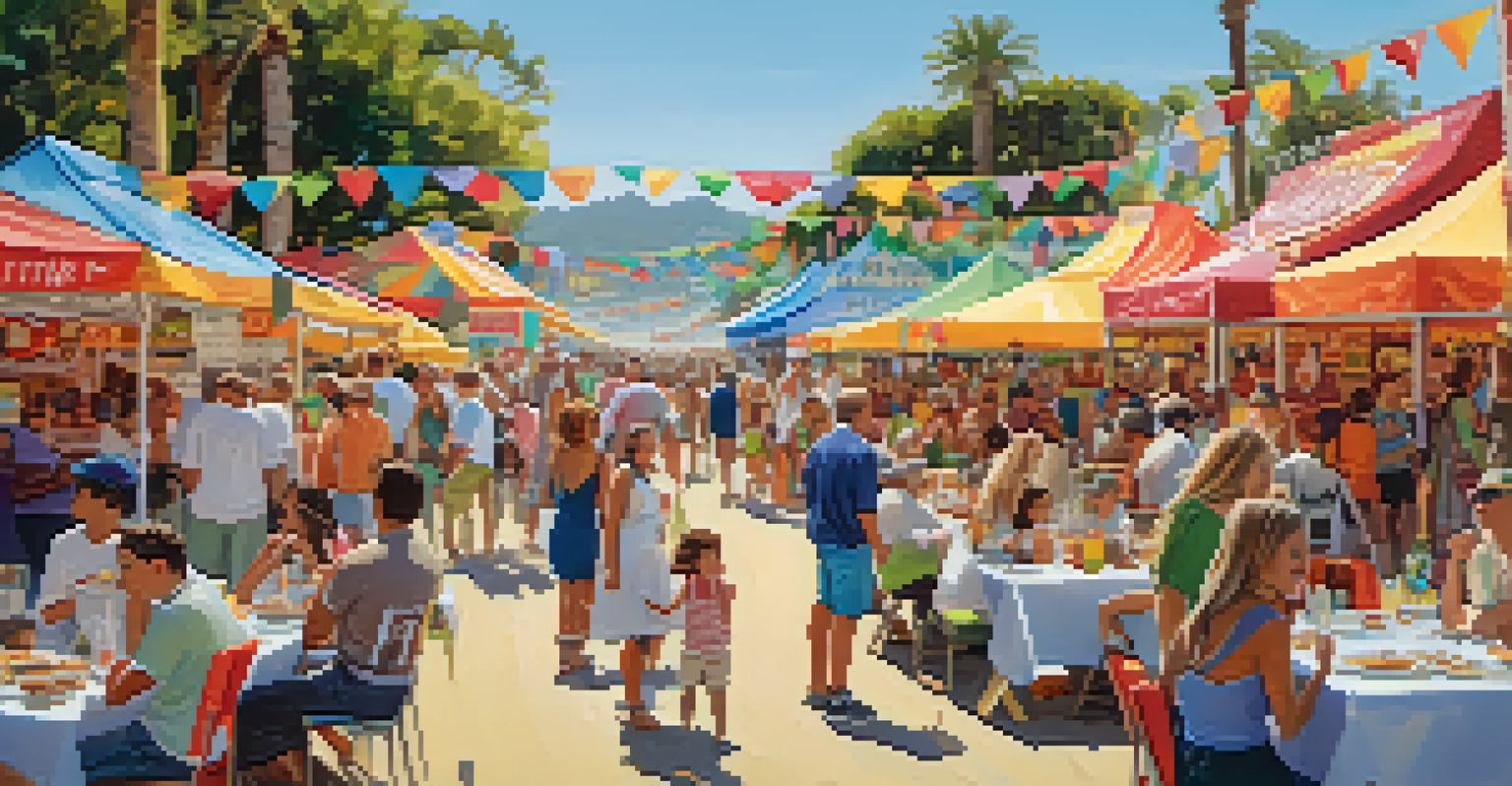 A vibrant food festival in Malibu with people enjoying dishes from local chefs, set against a sunny beach backdrop.