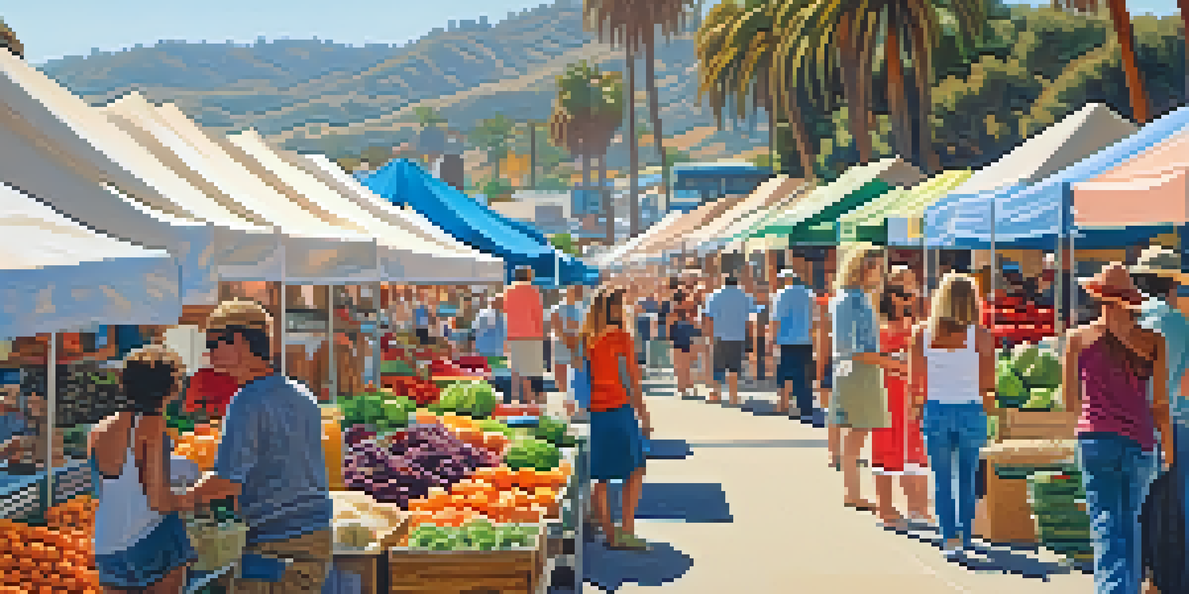 A bustling outdoor market in Malibu with colorful stalls, fresh produce, and people enjoying the sunny day.