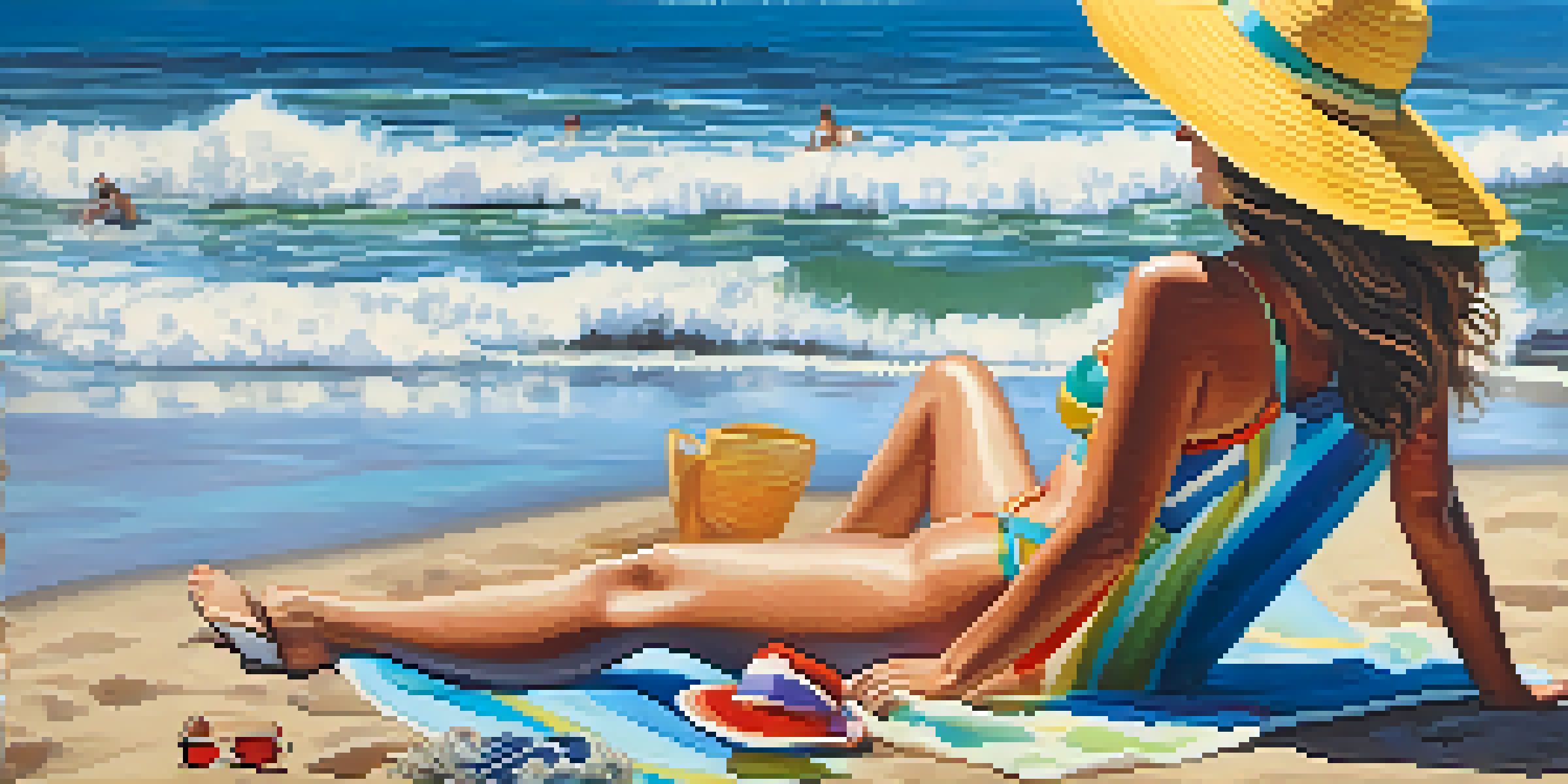 A woman in a colorful swimsuit relaxing on a beach in Malibu, with waves and surfers in the background under a blue sky.