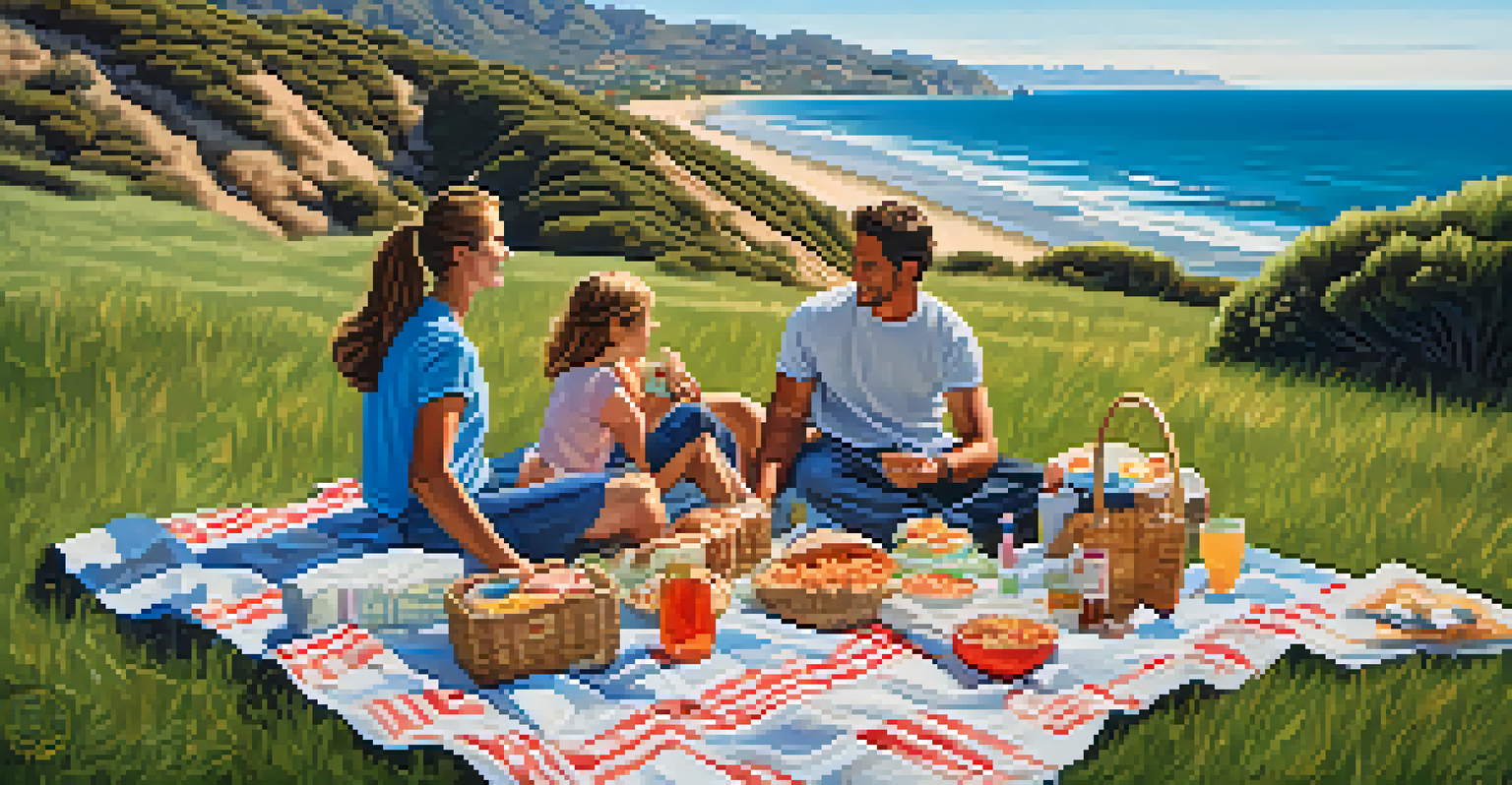 A family enjoying a picnic on a blanket overlooking the Malibu coastline with the ocean waves in the background.