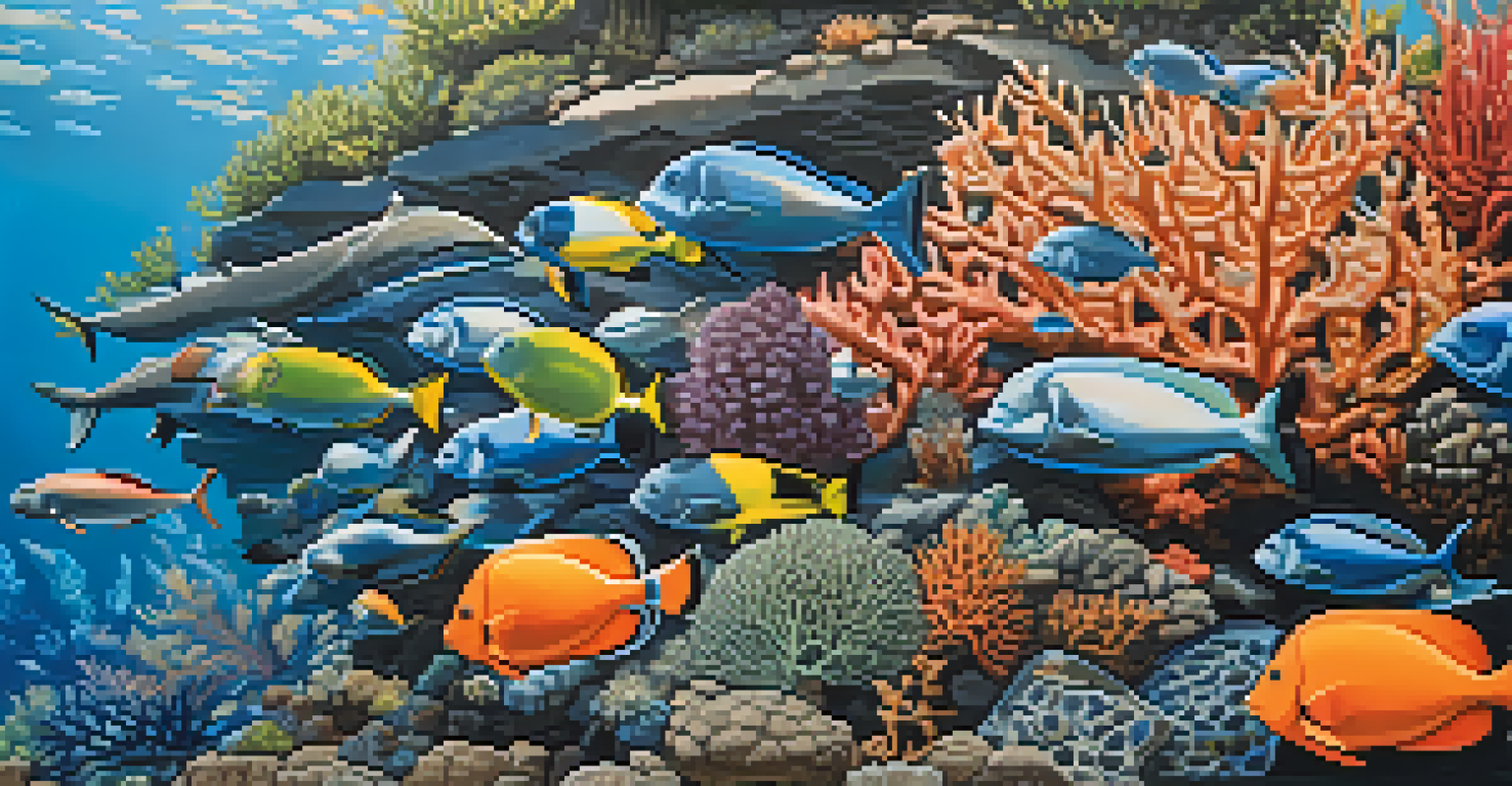 A detailed mural illustrating marine life with vibrant colors, showcasing fish and coral, illuminated by sunlight through tree leaves.