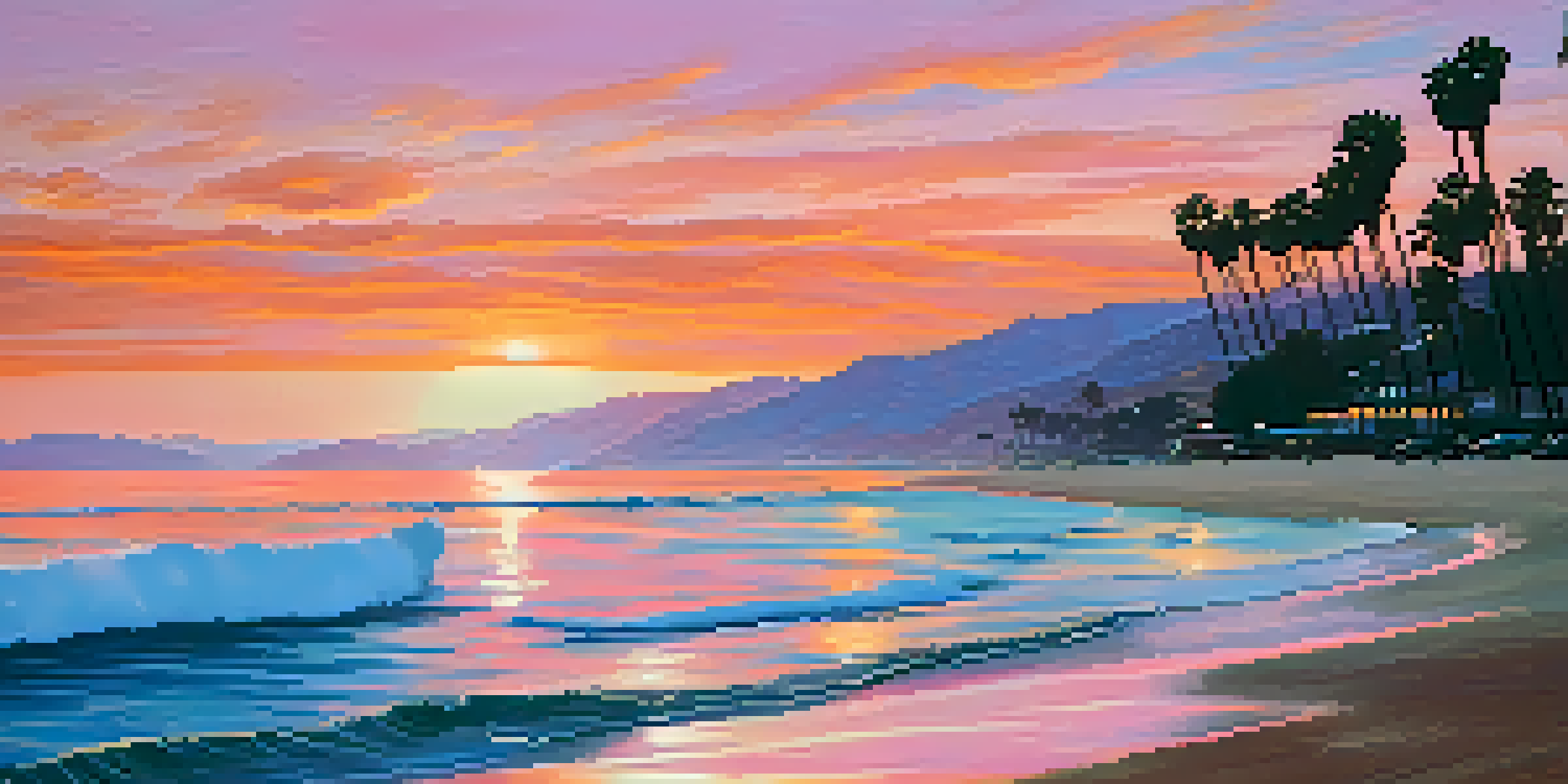 A tranquil sunset over Malibu beach with colorful skies and palm trees.