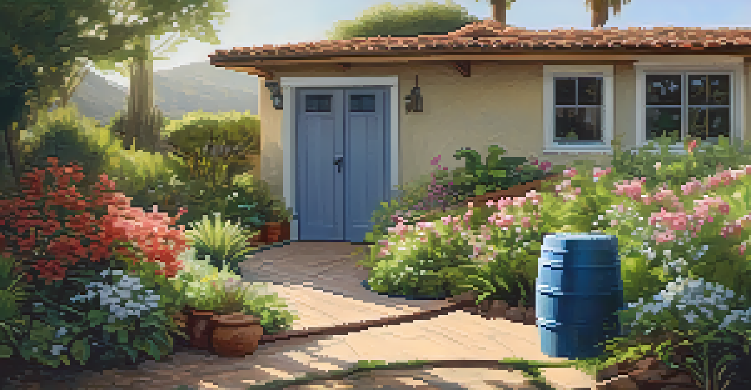 A rainwater harvesting setup with a barrel in a garden, surrounded by colorful flowers and greenery under soft sunlight.