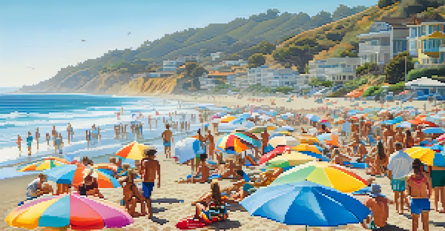 A lively day at Surfrider Beach in Malibu with surfers in the water and colorful umbrellas on the beach.