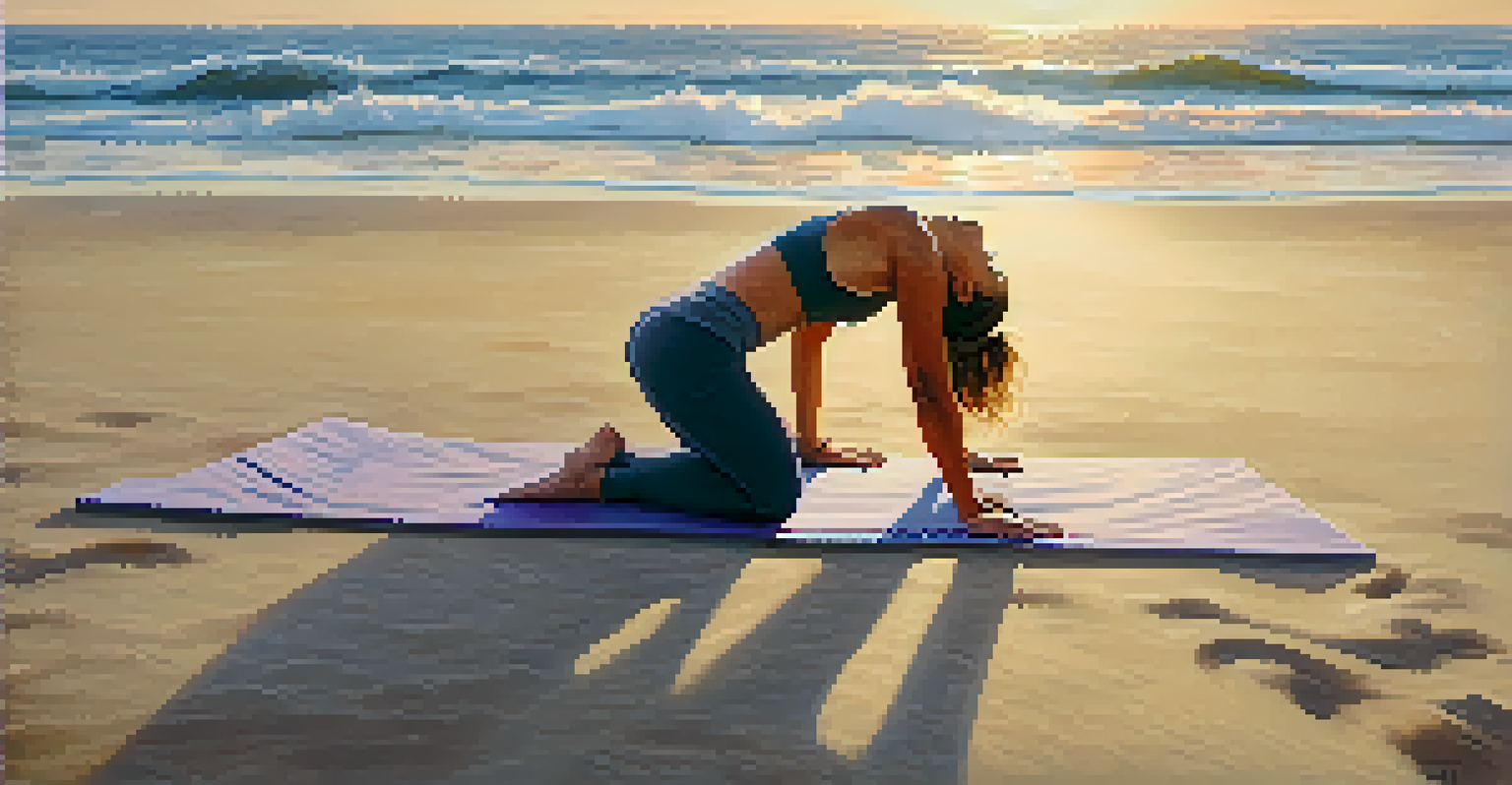 A person practicing yoga on the beach, transitioning between poses with the ocean in the background.