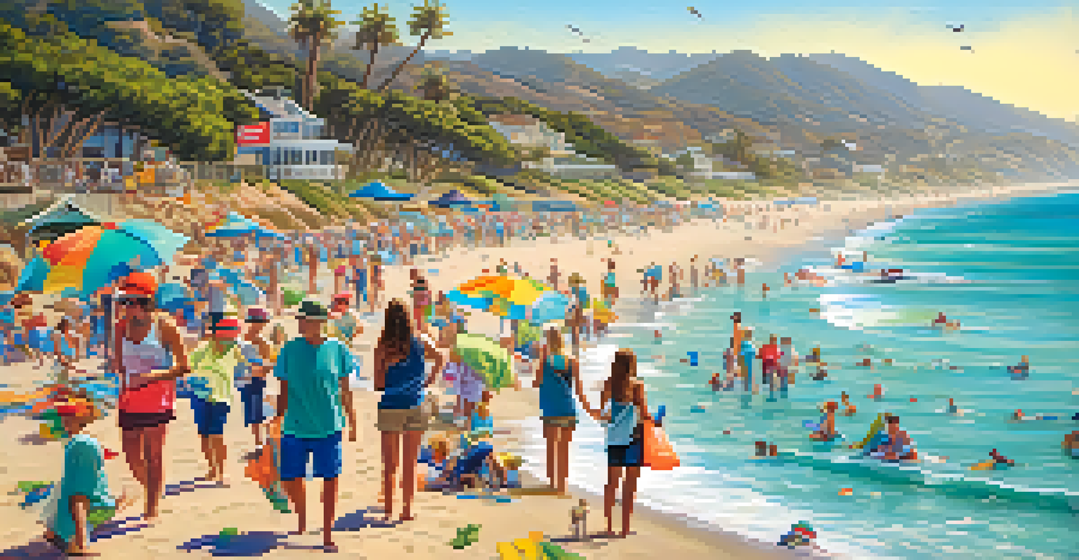 Community members engaging in a beach clean-up event in Malibu, with banners promoting sustainability in the background.