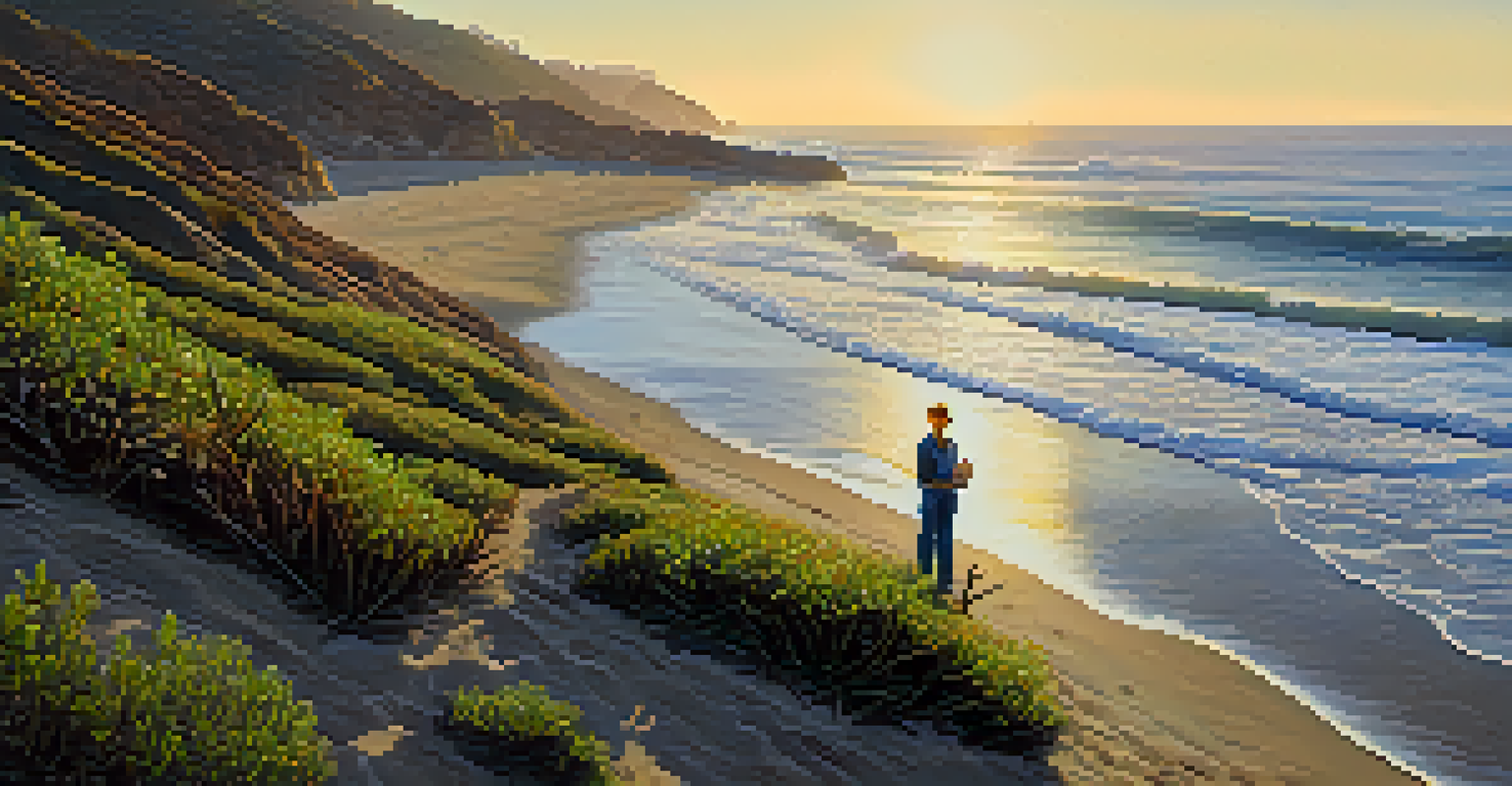A volunteer holding a native plant on the beach with ocean waves in the background.