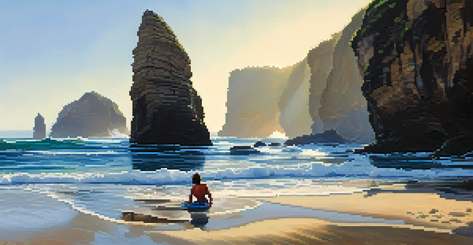 An action-packed image of La Piedra Beach, with bodyboarding and tide pool exploration among rugged cliffs and unique rock formations.