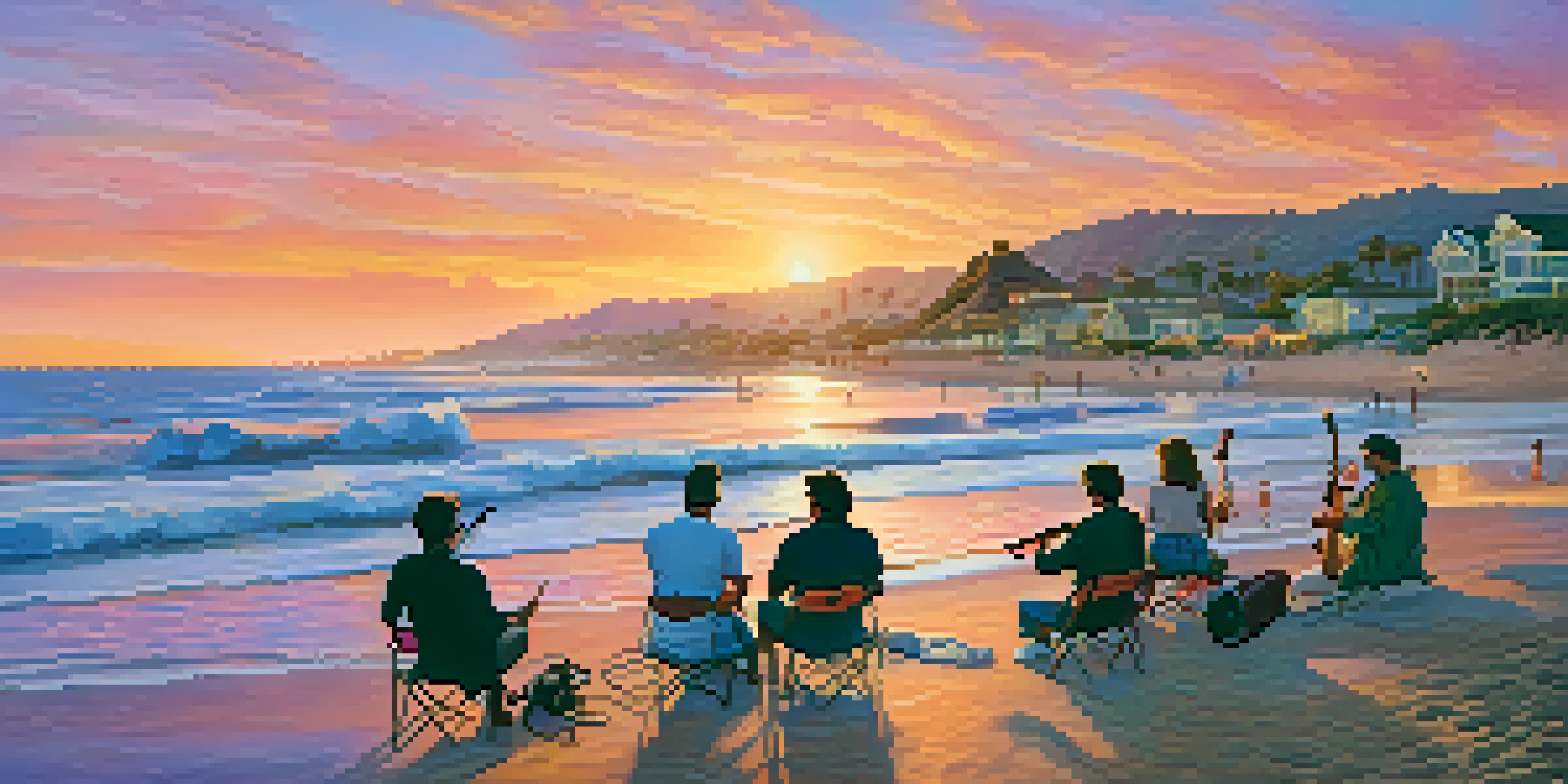 A scenic sunset at Malibu beach with musicians playing acoustic guitars and beachgoers around.
