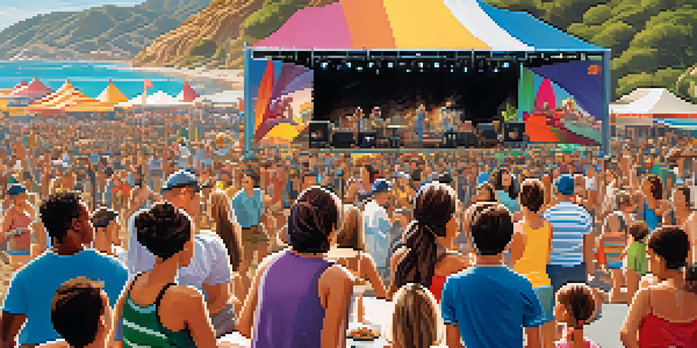 A lively outdoor festival scene with a diverse crowd enjoying music performances against a beautiful California coastline.