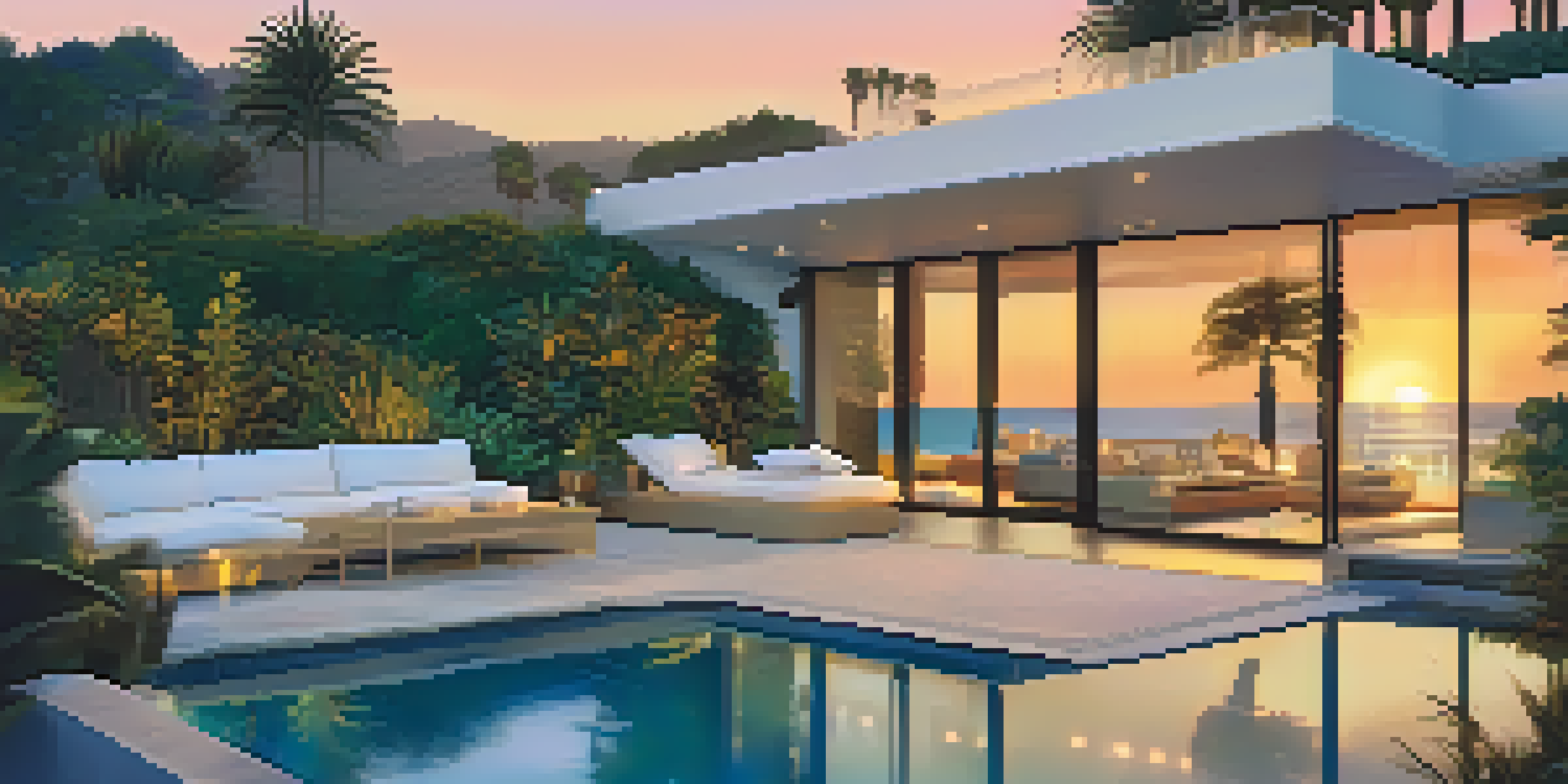 A modern beach house in Malibu with glass architecture, palm trees, and a sunset over the ocean.
