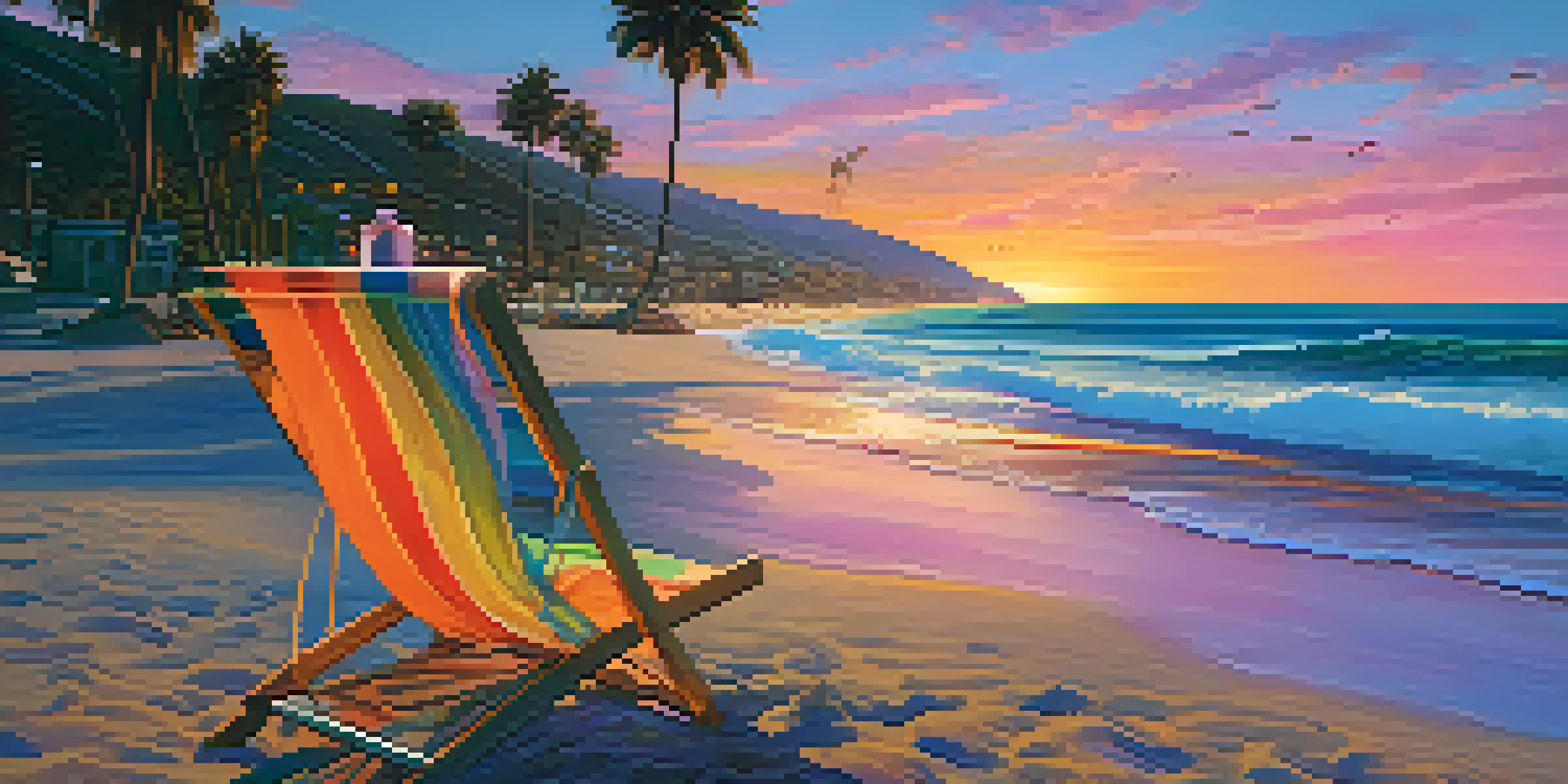 A digital nomad working on a laptop on a beach at sunset in Malibu, with colorful skies and palm trees.