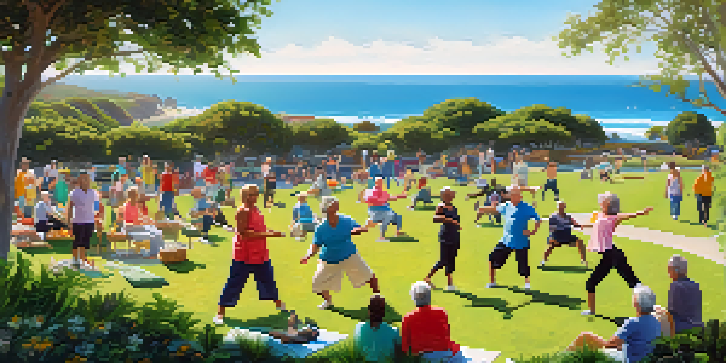 A community park in Malibu with seniors practicing tai chi, families having a picnic, and the ocean in the background under a clear sky.