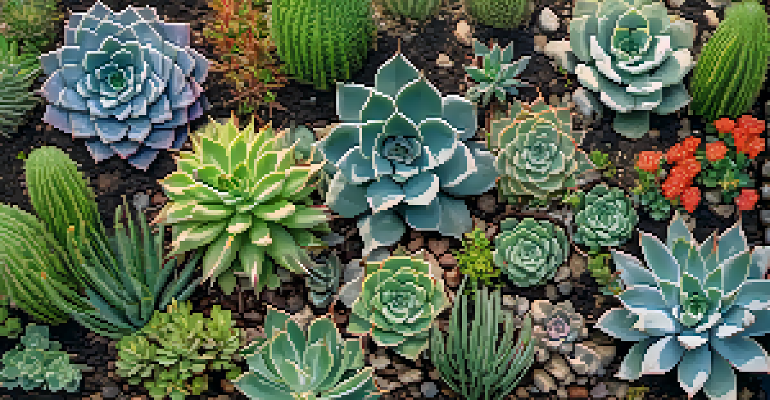 An overhead view of a xeriscaped landscape filled with colorful native plants and mulch, under a clear blue sky.
