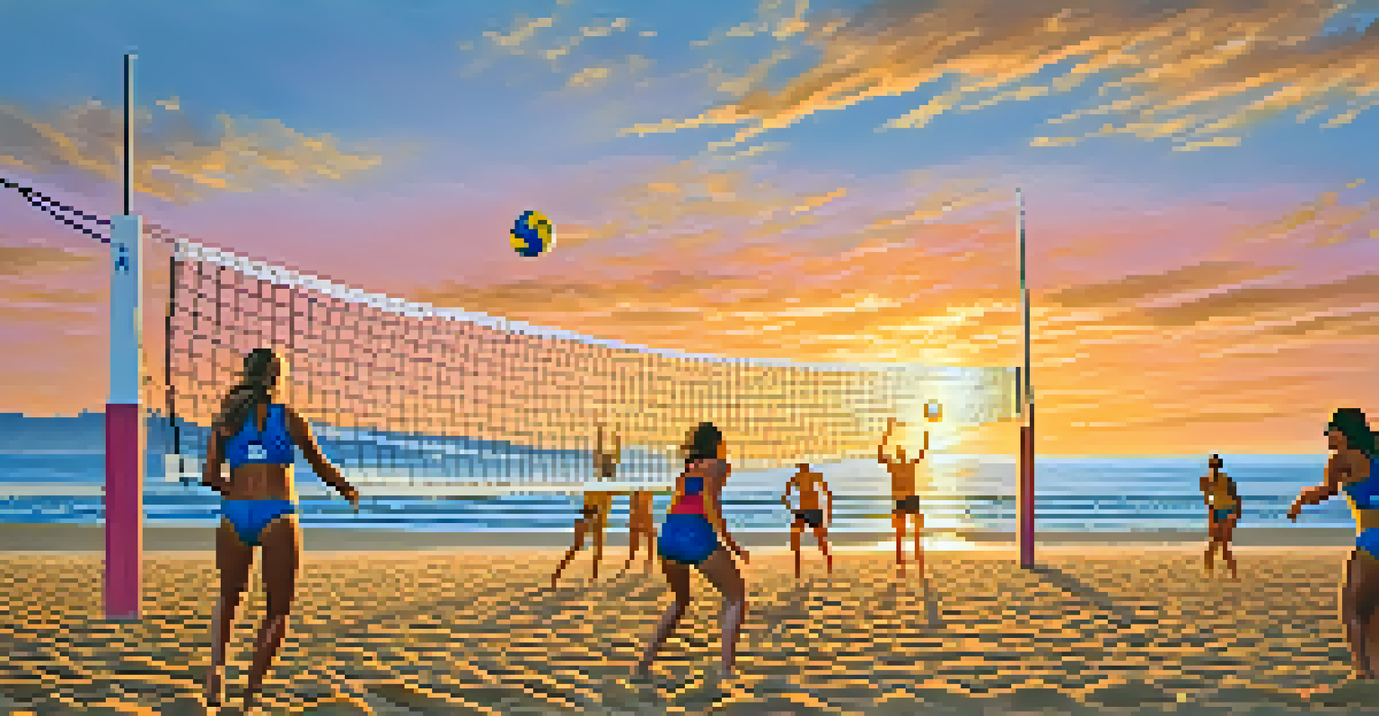 Beach volleyball players engaged in a game at sunset on Malibu beach with ocean waves in the background.