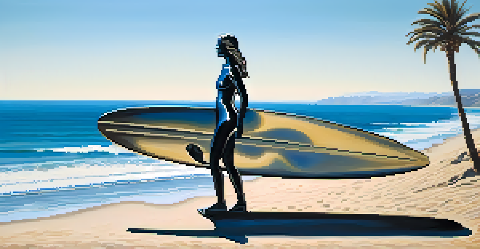 A large metal sculpture representing surfing culture on a Malibu beach, with surfers and palm trees in the background.