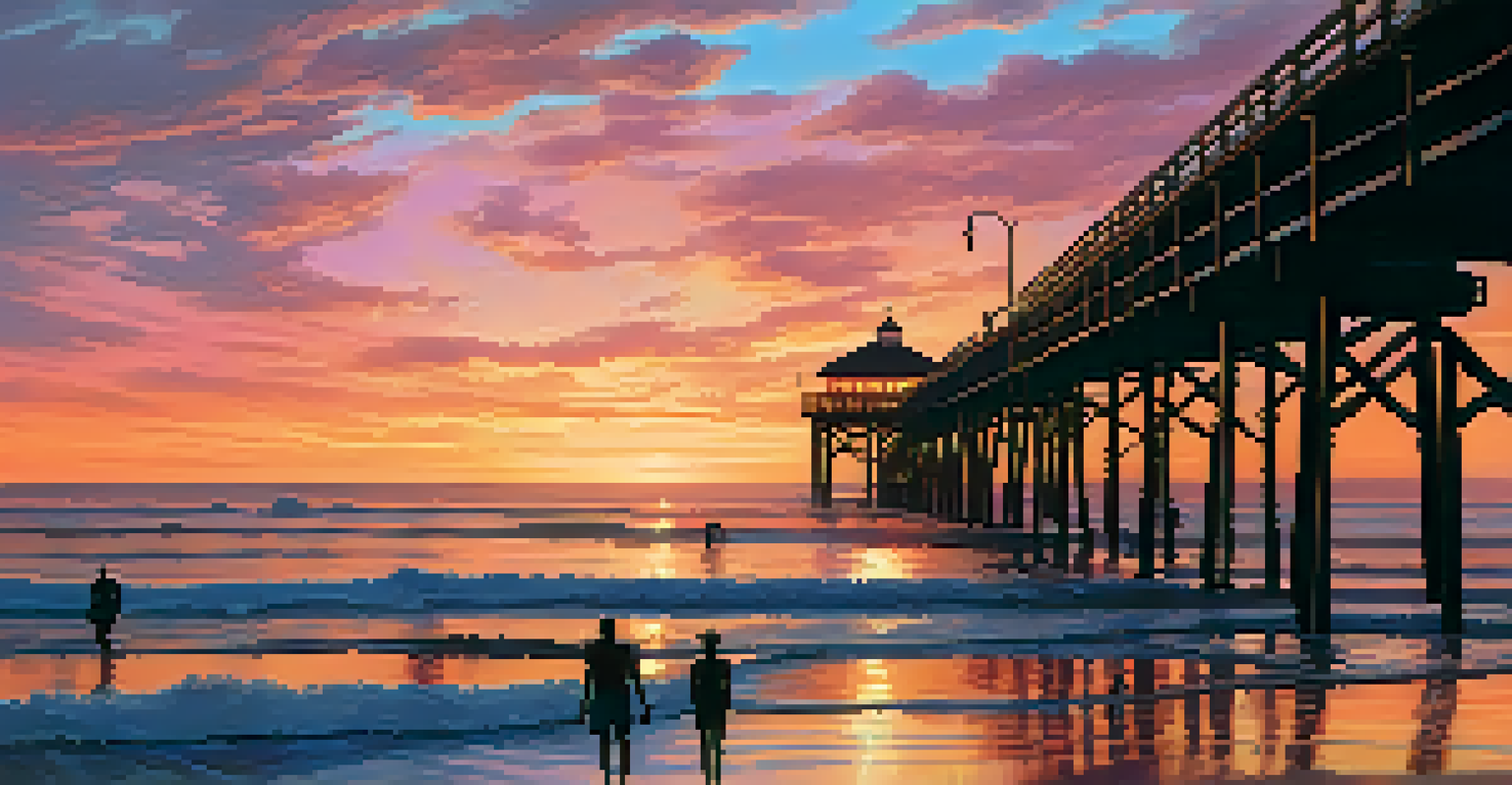 A picturesque sunset at Malibu Pier with surfers and colorful sky.