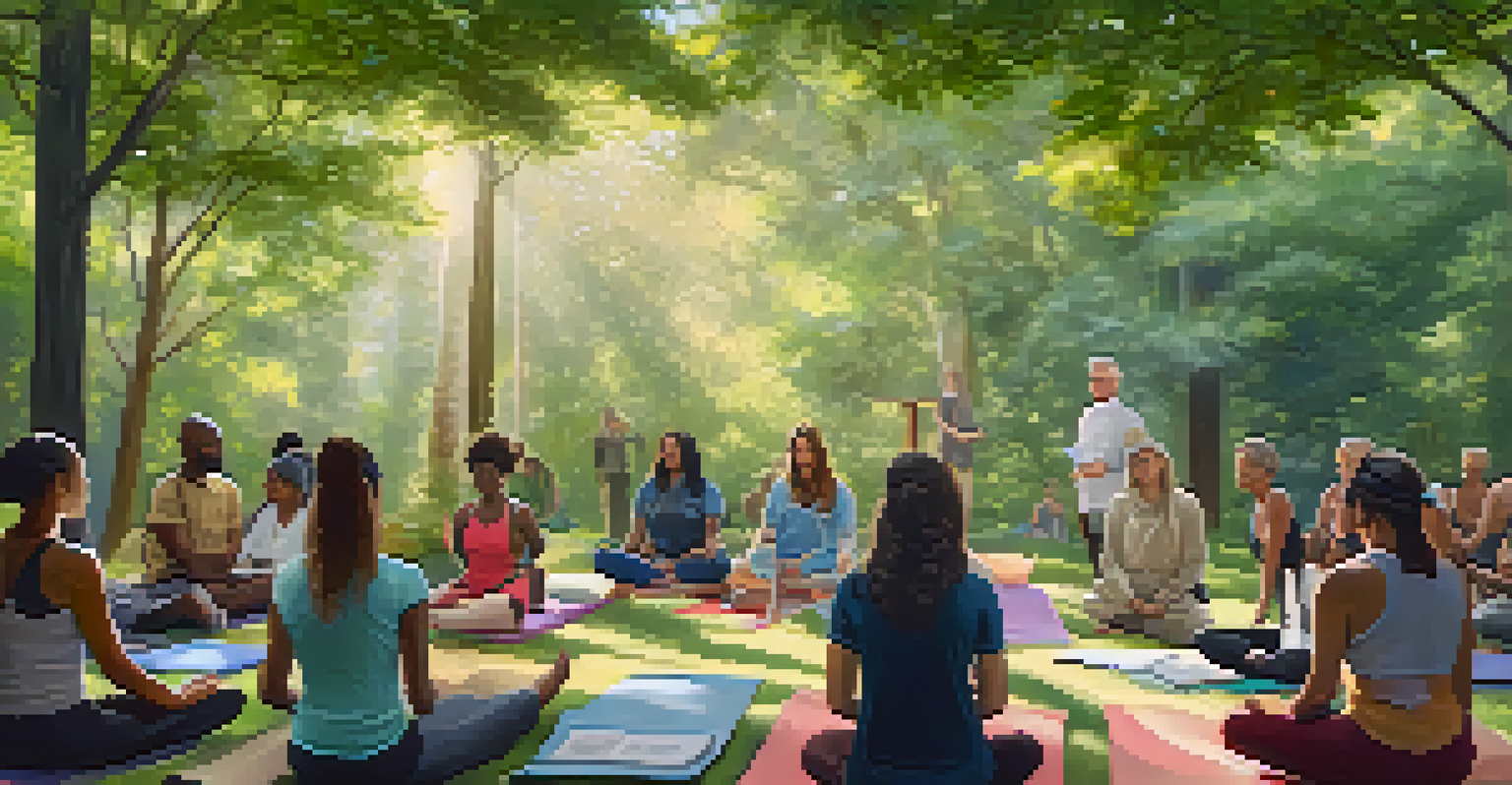 A wellness workshop taking place outdoors with participants seated on mats, listening to a speaker under trees.