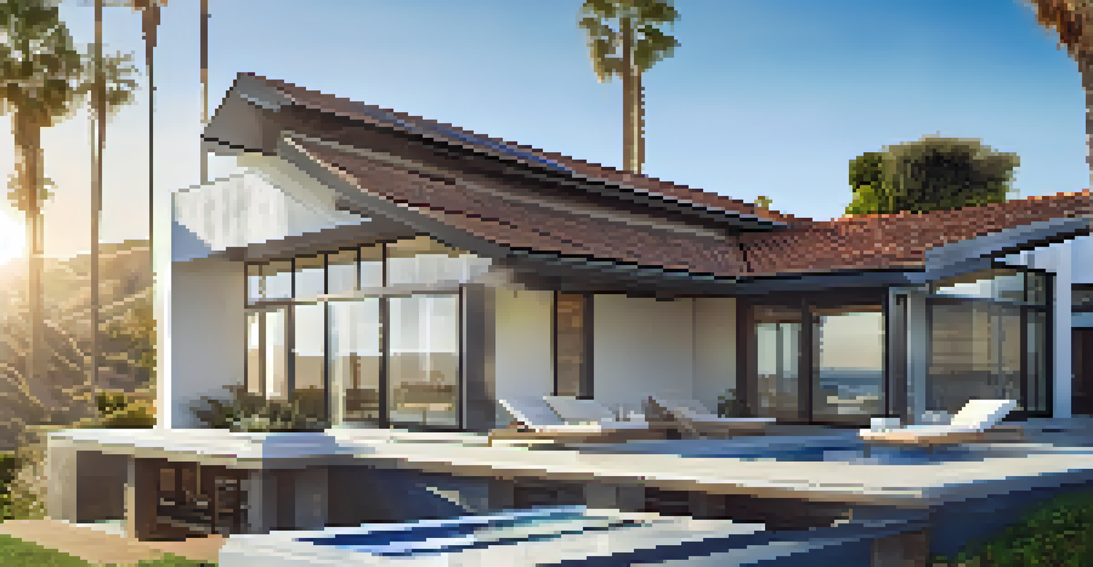 Close-up of solar roof tiles on a stylish Malibu home with palm trees and a clear blue sky in the background.
