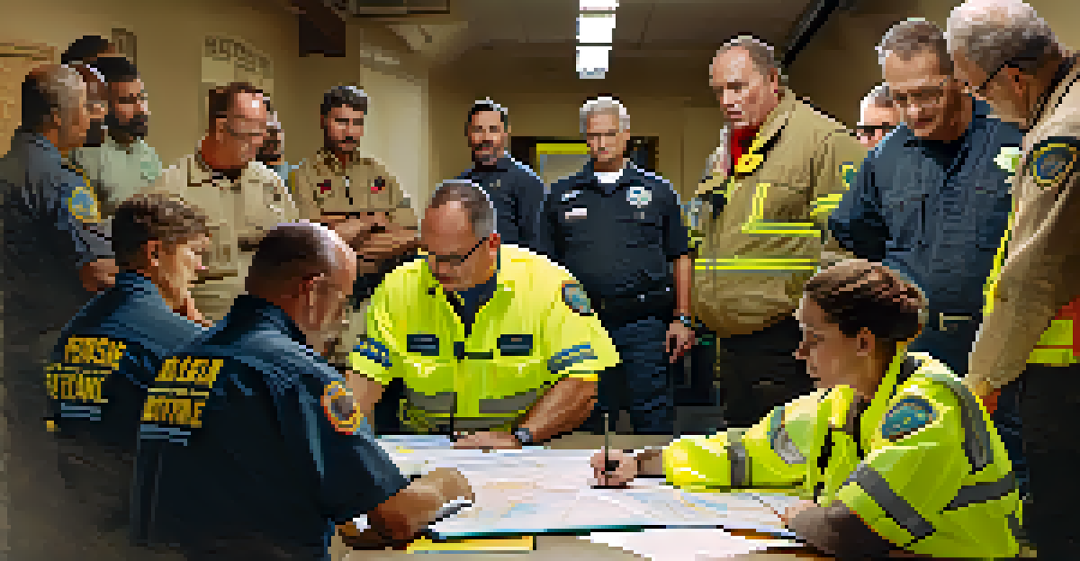 A Community Response Team meeting in a fire station, with members reviewing emergency response procedures and discussing strategies.