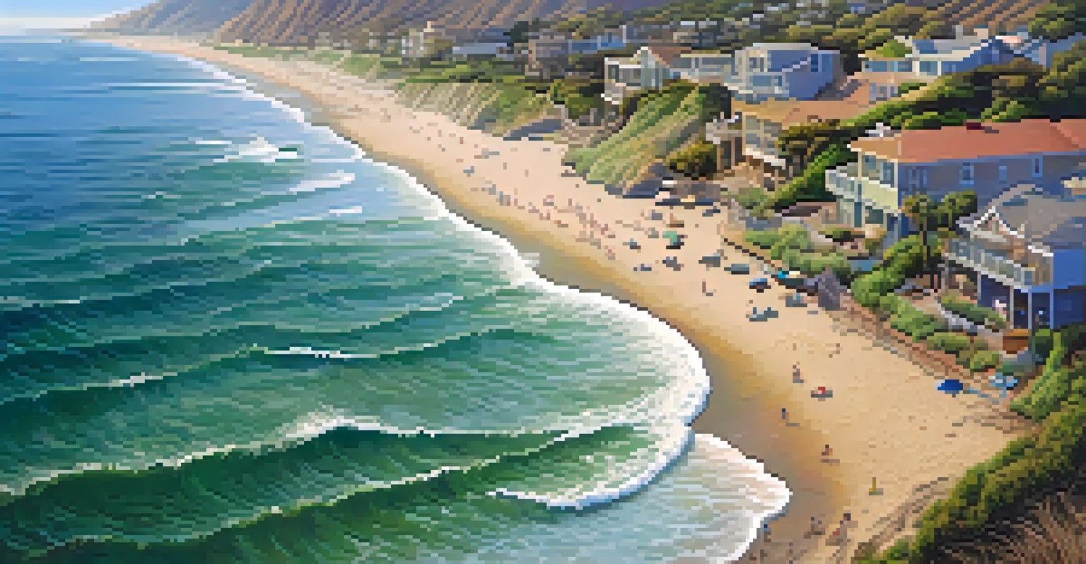 An aerial perspective of Malibu's coastline illustrating coastal erosion, with people on the beach and crashing waves.