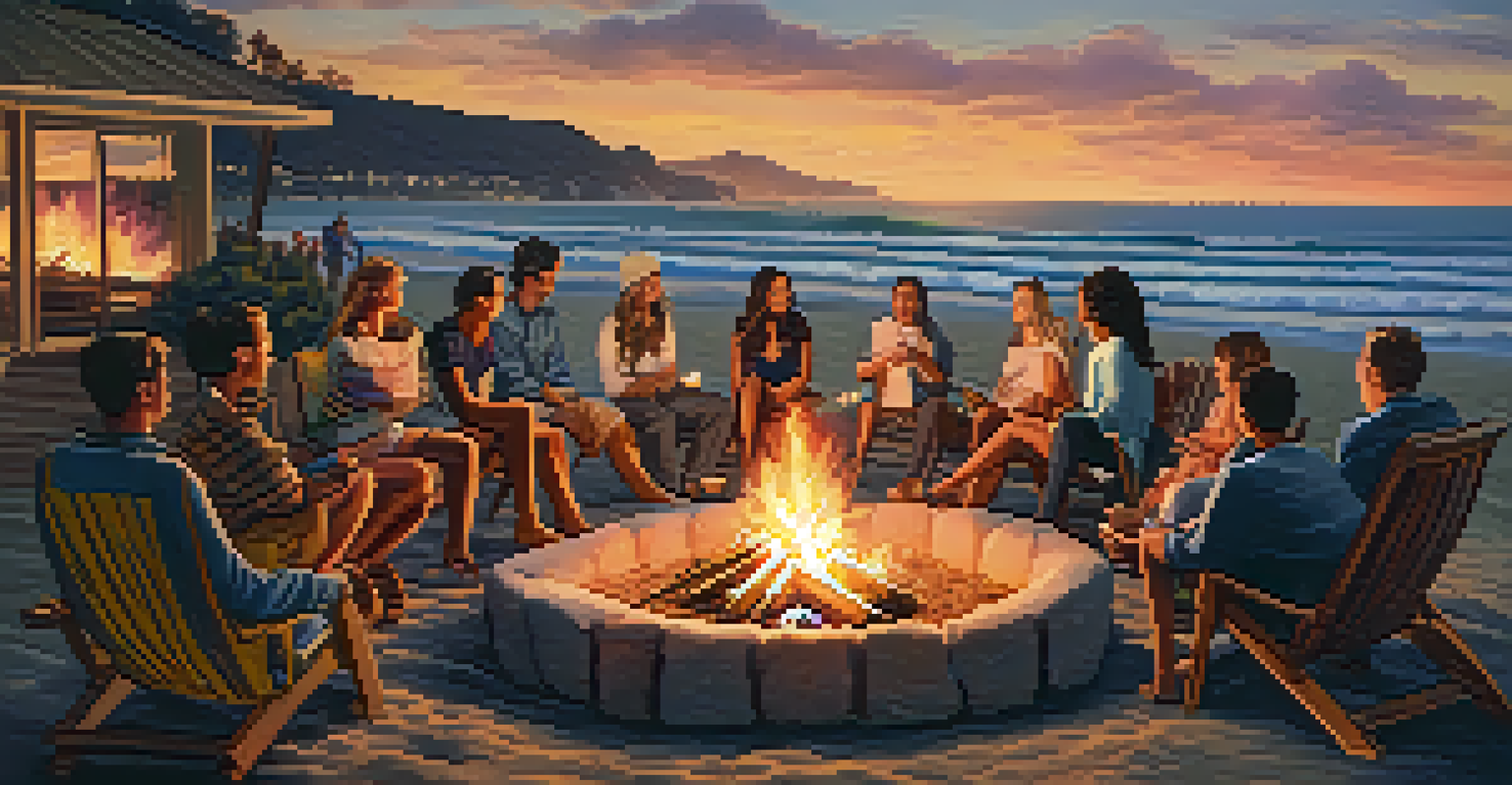 A warm gathering around a bonfire on the beach in Malibu, with people enjoying the evening and a beautiful sunset in the background.