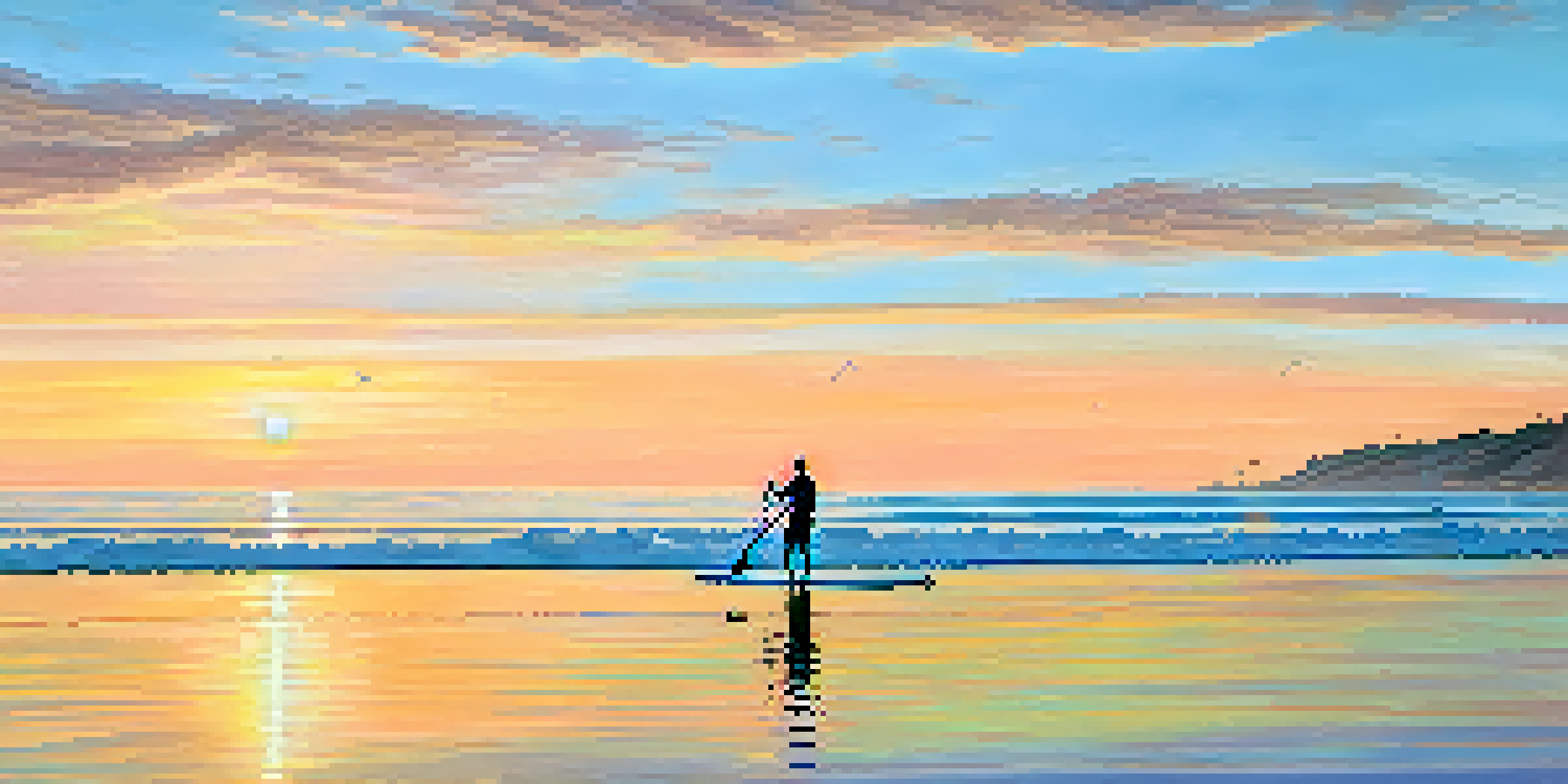A paddleboarder in Malibu at sunrise, with calm waters and the Malibu Pier in the background, surrounded by a tranquil atmosphere.