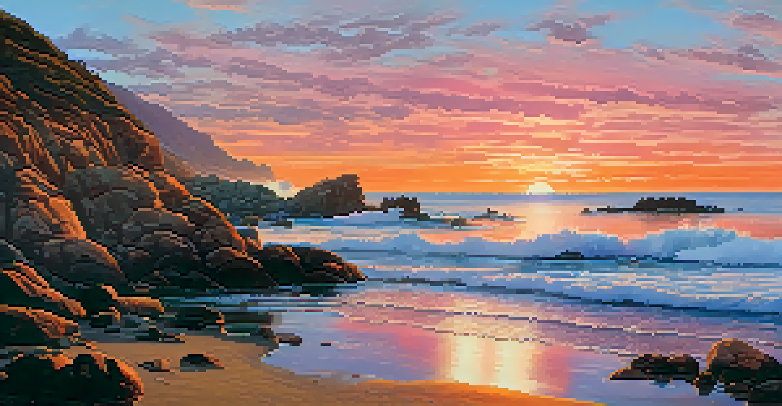 A sunset view of Malibu's coastline with rocky formations and sea lions resting on the rocks.