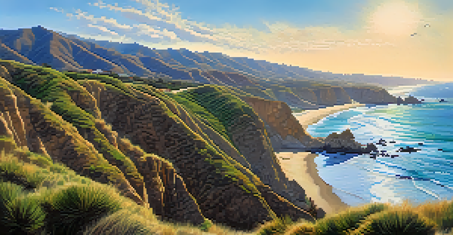 A panoramic view from Zuma Canyon Trail showing rock formations and Zuma Beach below under a blue sky.