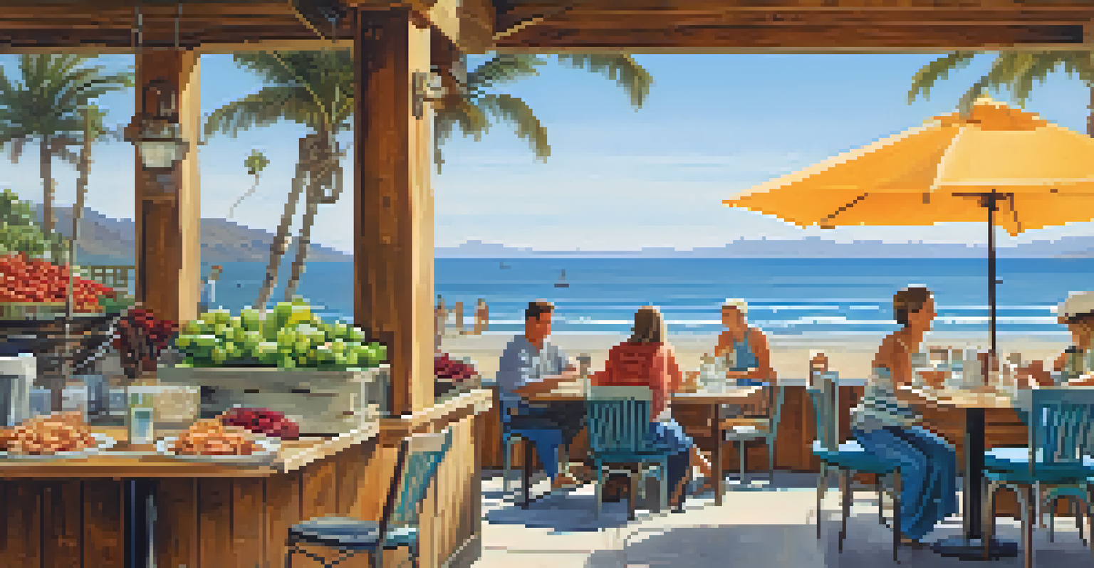 A beachside café in Malibu with a wooden table full of seafood and fresh produce, overlooking the ocean.
