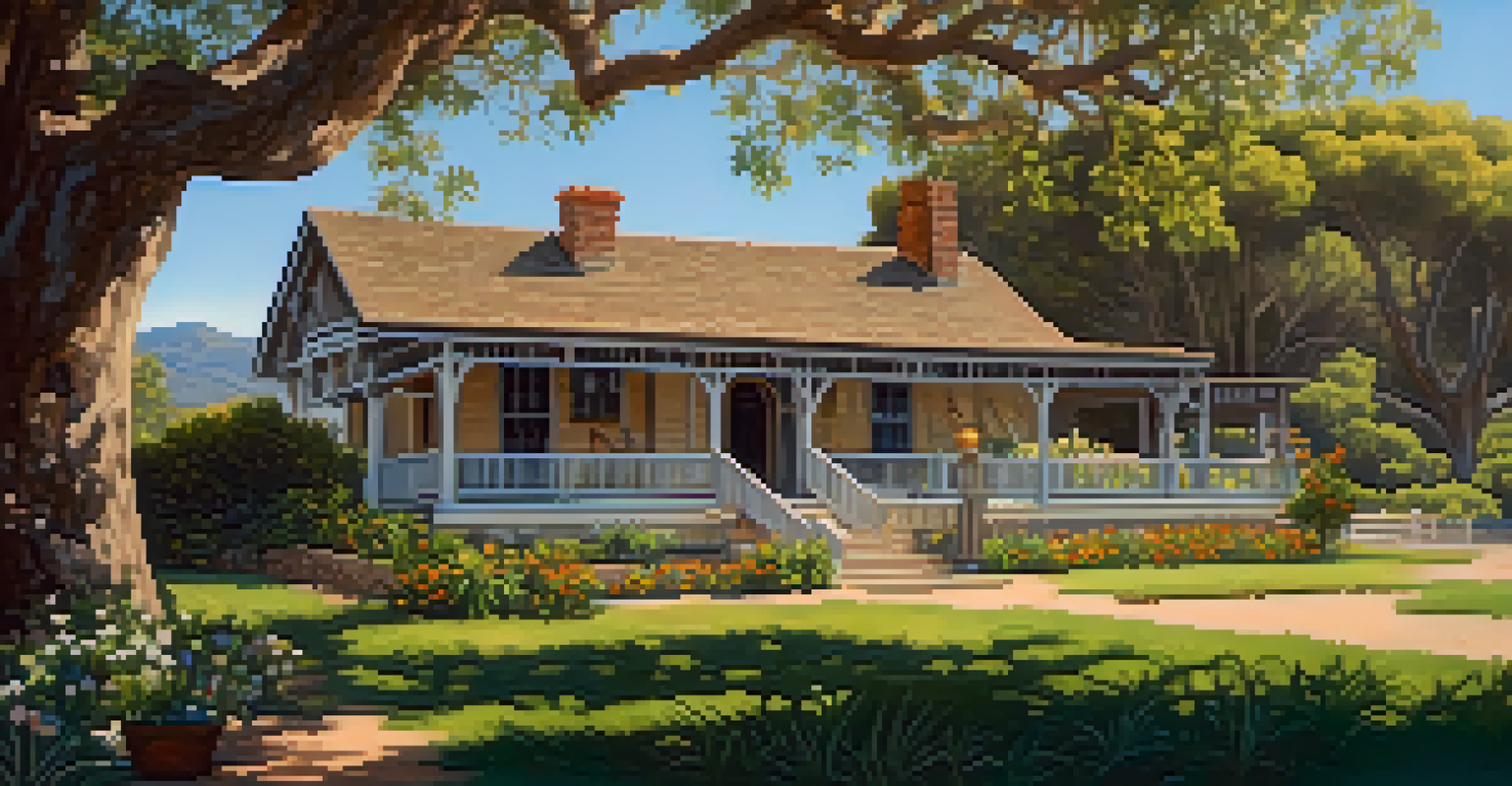 A preserved ranch house in Malibu surrounded by greenery and flowers, with sunlight filtering through the trees.