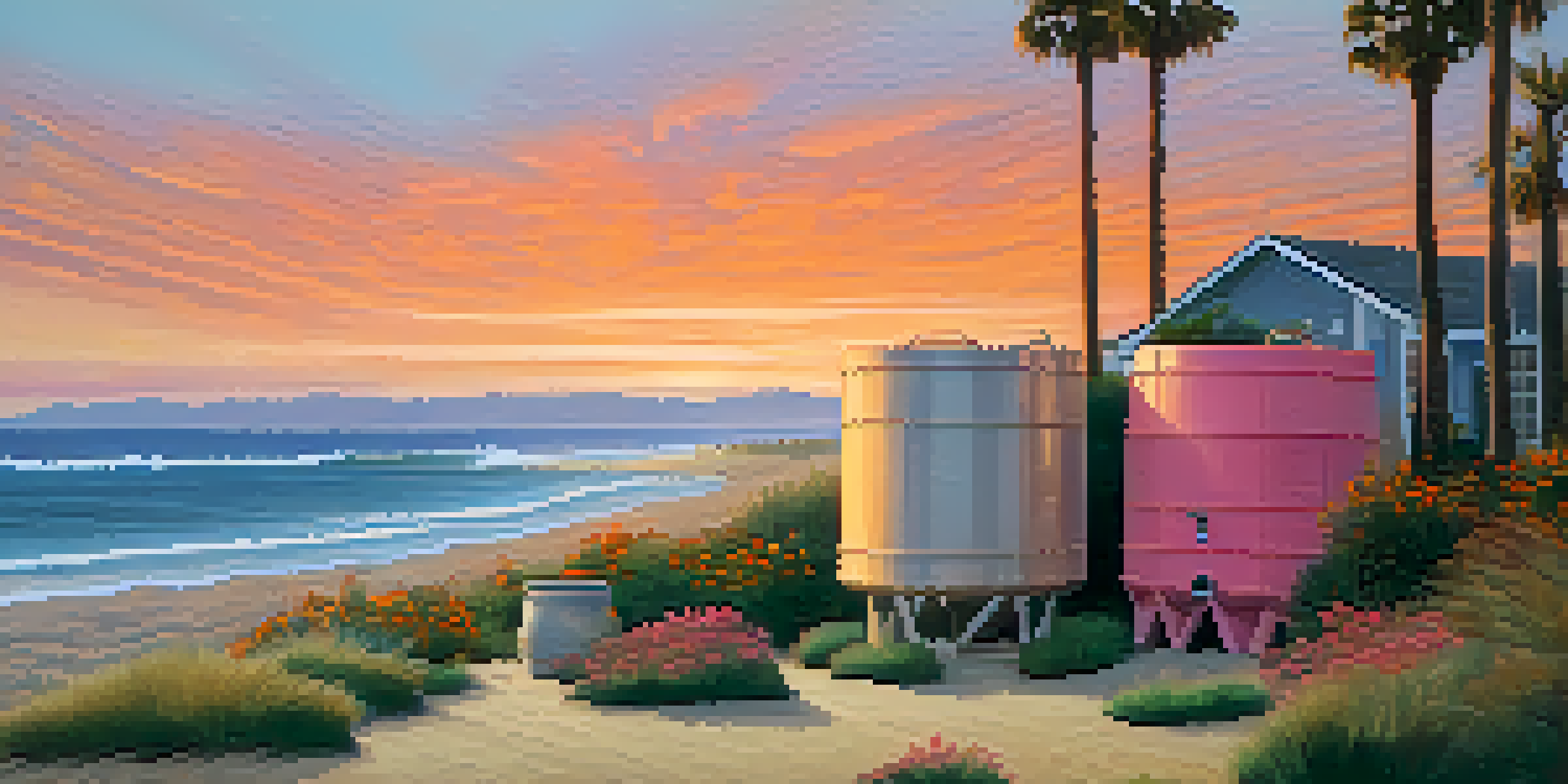 A beautiful Malibu beach at sunset with colorful sky reflections on the water, showcasing a rainwater harvesting system and a native garden in the foreground.
