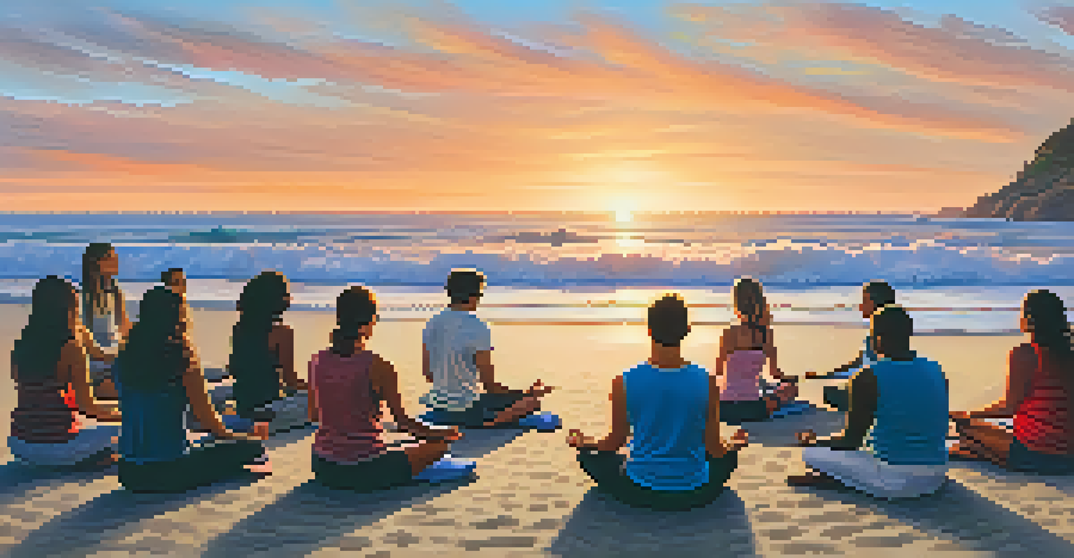 A group of people meditating in a circle on the beach at sunset in Malibu, with vibrant colors in the sky and ocean waves in the background.