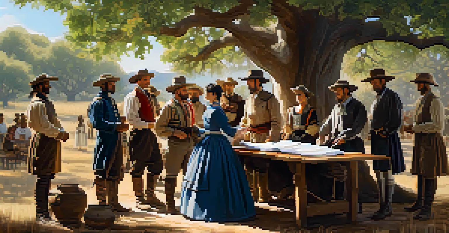 A historical scene depicting the signing of a Spanish land grant, with diverse individuals in period clothing around a table under an oak tree.