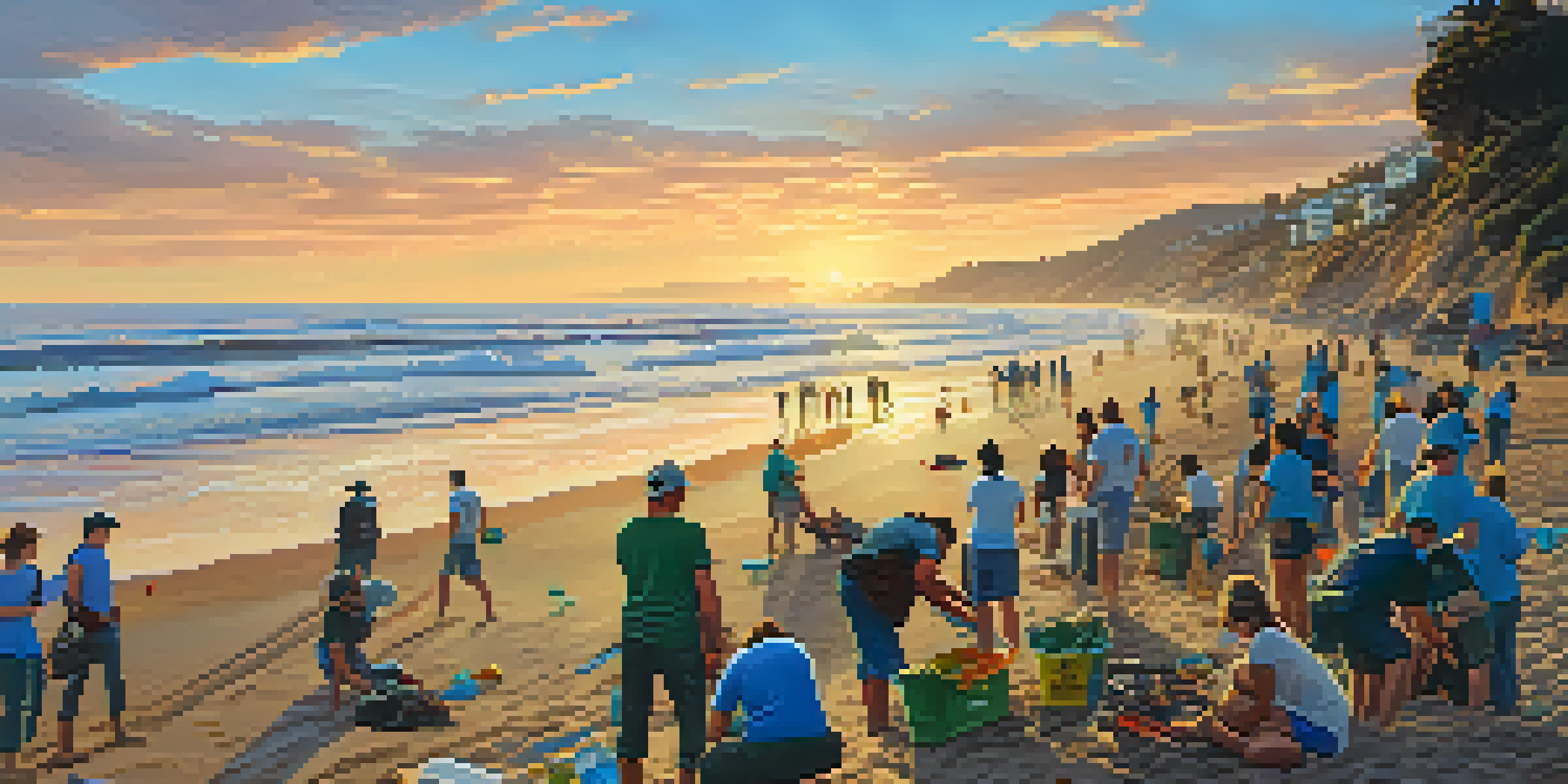 A sunset view of Malibu's beach with volunteers collecting trash, golden sand, and seabirds in the sky.