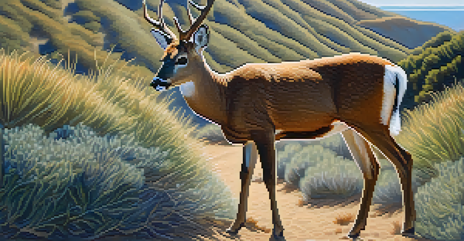A deer grazing near a hiking trail in Malibu, with coastal vegetation and rolling hills in the background.