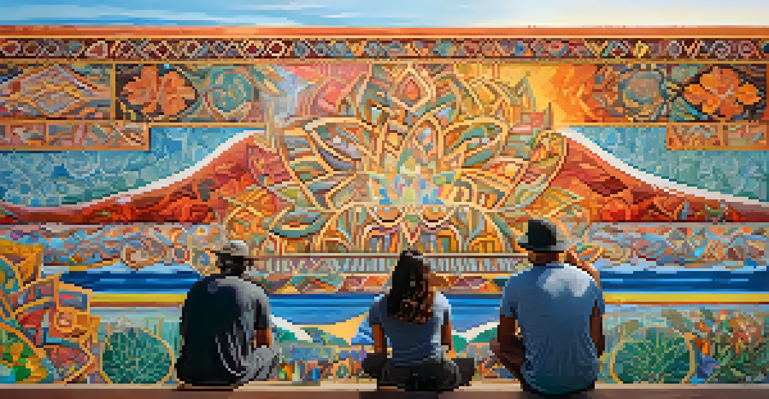 A collaborative mural in Malibu created by local and immigrant artists, showcasing vibrant colors and intricate designs.