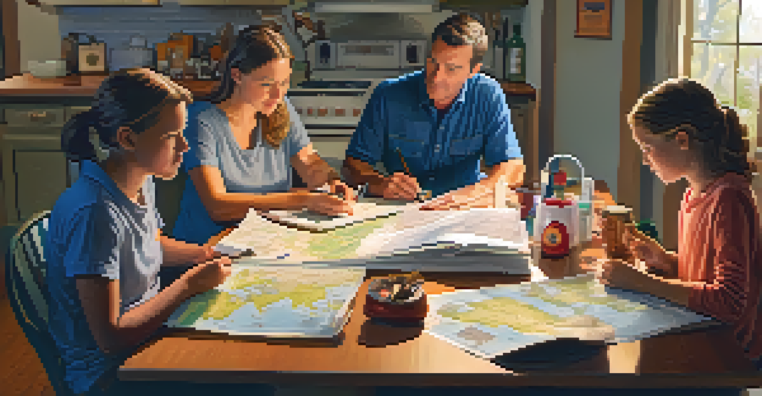 A family discussing their emergency plan at a kitchen table with maps and a flashlight.