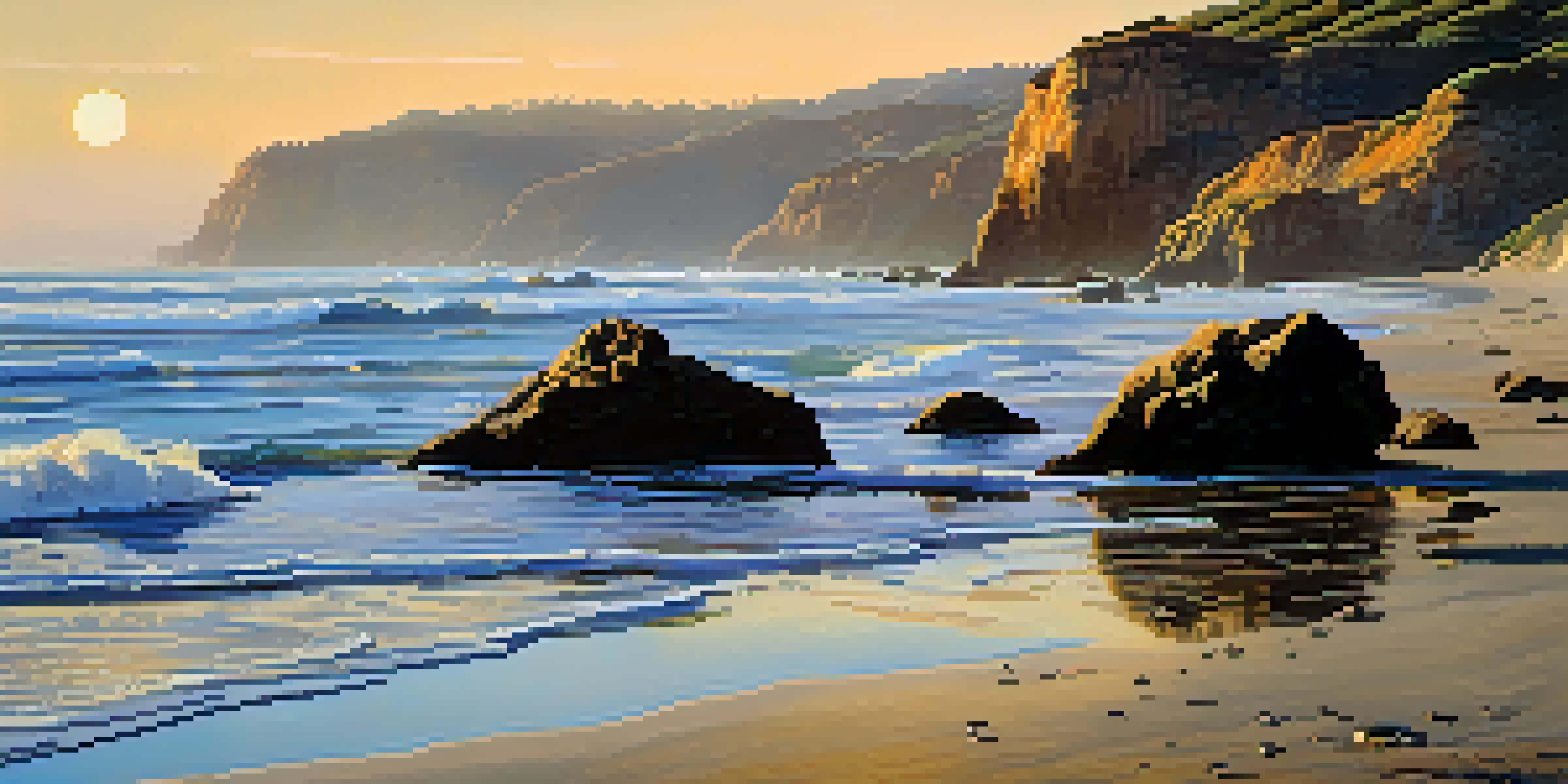 A picturesque scene of El Pescador Beach at sunset, featuring soft sands, dramatic cliffs, and colorful reflections in tide pools.