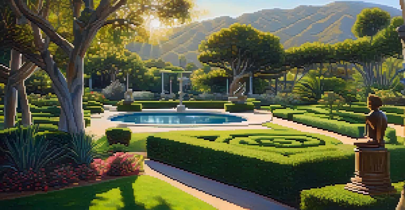 A peaceful garden filled with sculptures surrounded by greenery and sunlight.