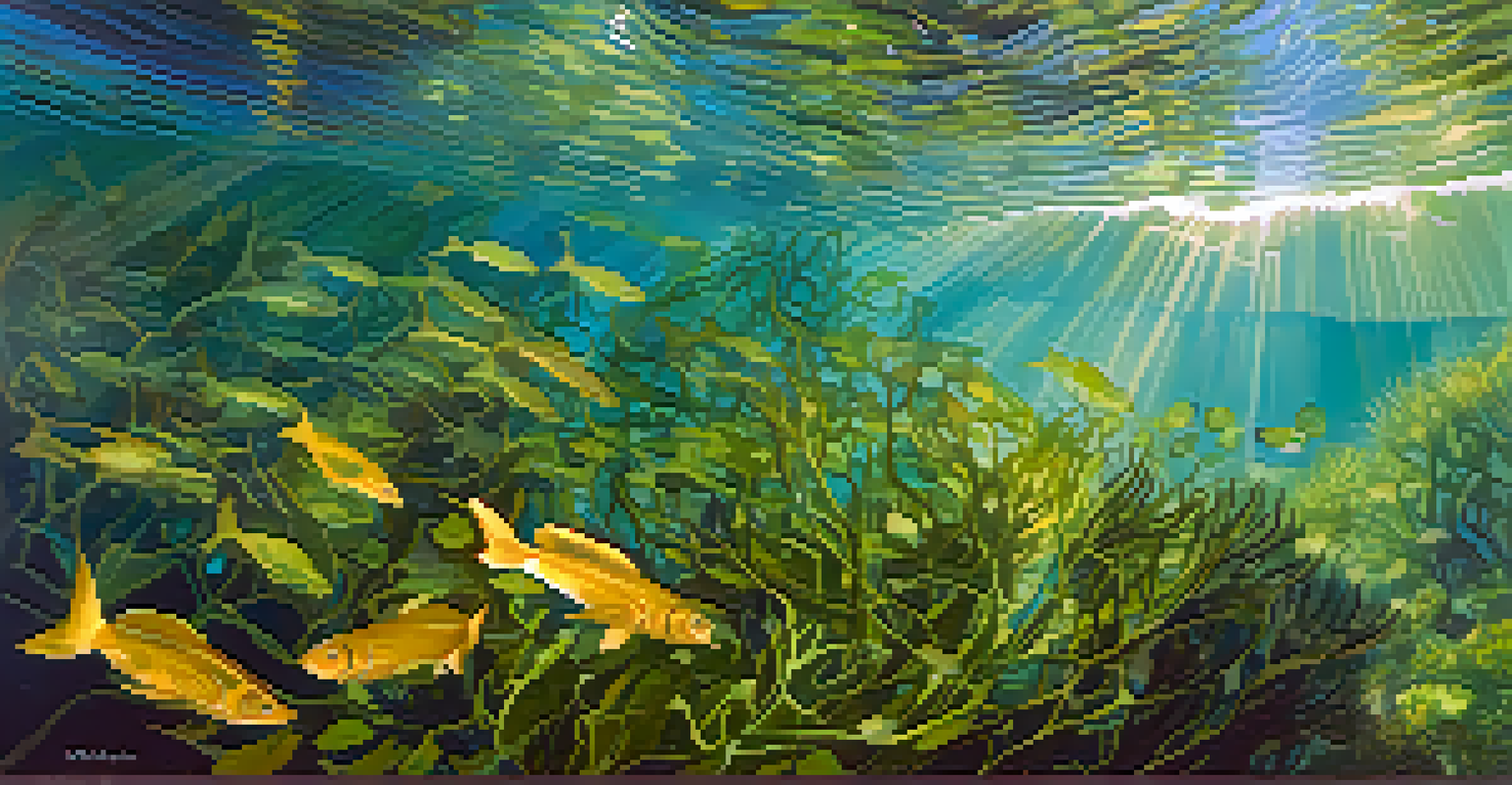 An underwater view of a kelp forest with sunlight filtering through, featuring various fish and lush green kelp.