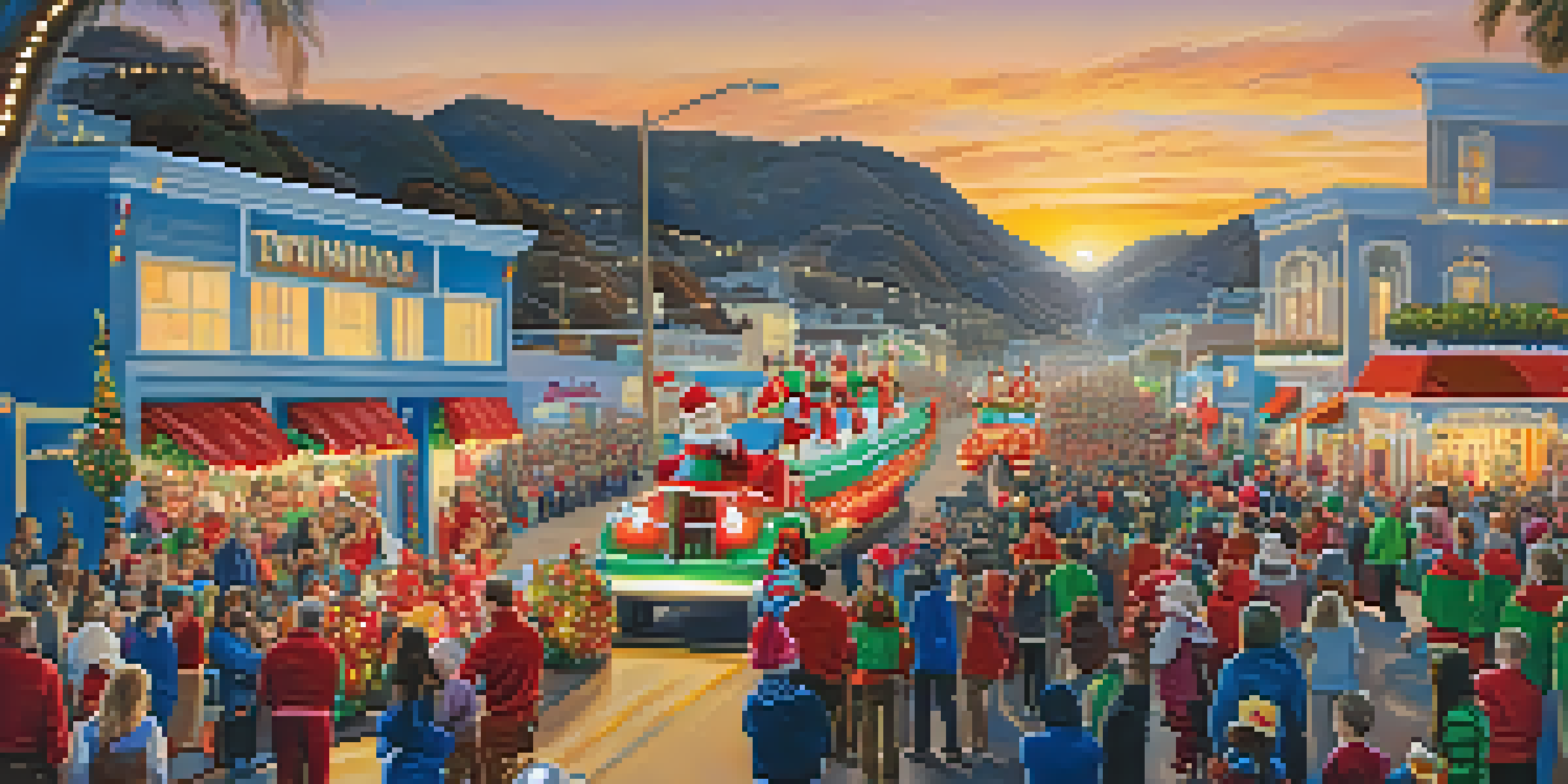 A lively Christmas parade in Malibu with colorful floats and families enjoying the festive atmosphere under a sunset sky.