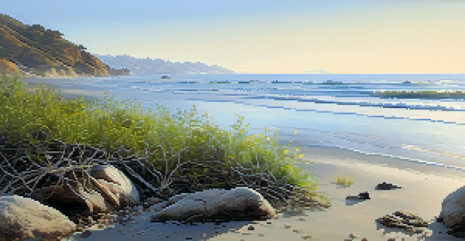 A close-up of a living shoreline in Malibu with native plants and natural materials.